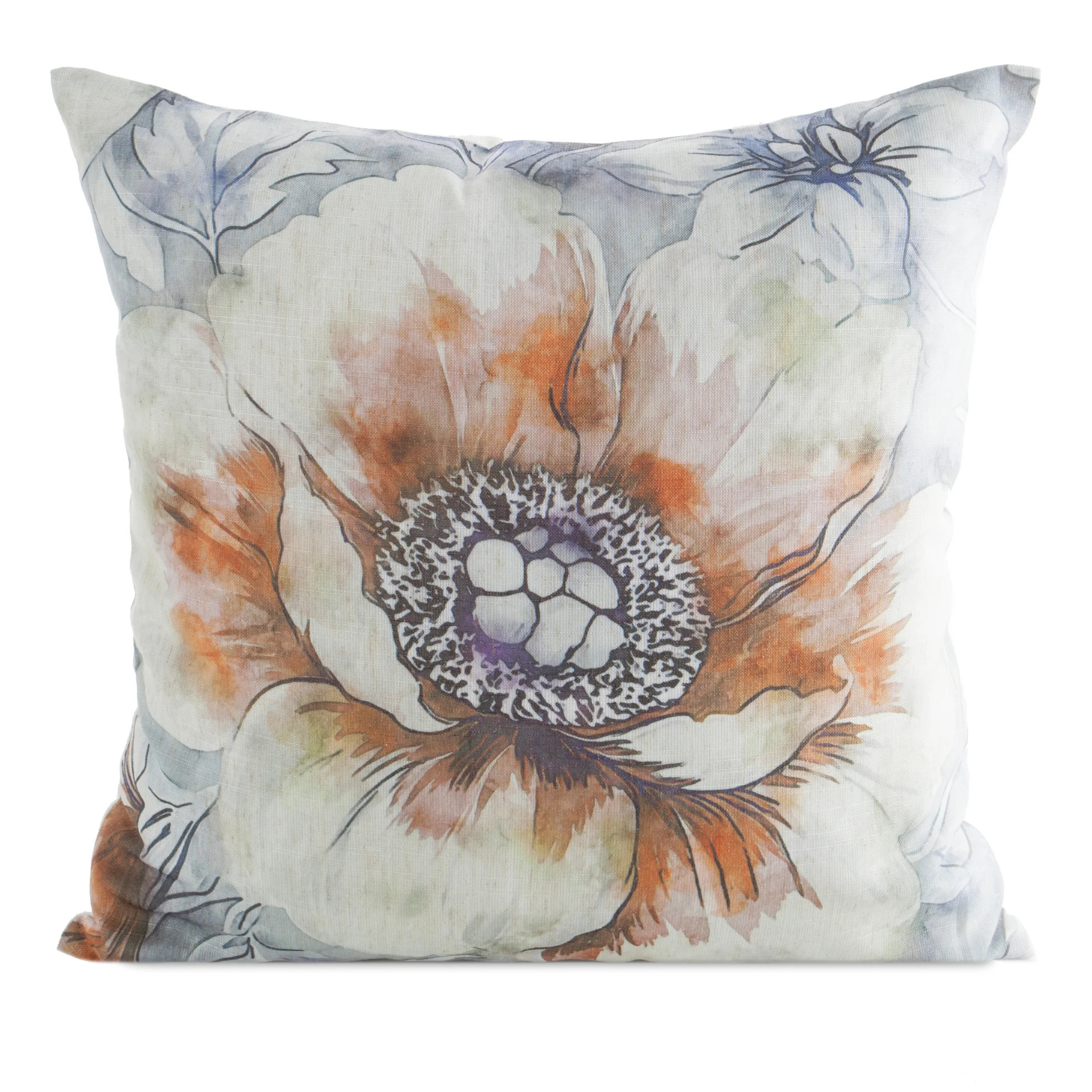 Poszewka na poduszkę 45x45 cm o strukturze lnu z nadrukiem kwiatów kremowo, pomarańczowa LEN | eurofirany