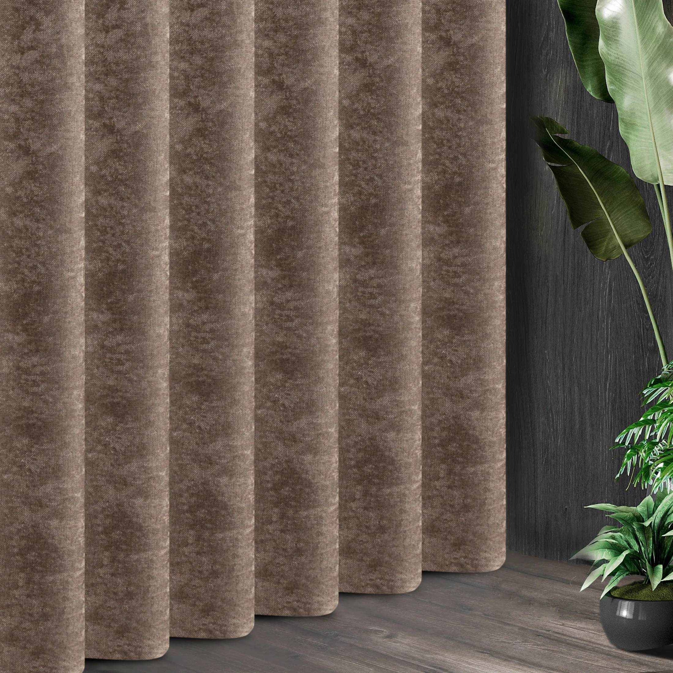 Tkanina zasłonowa, miękka szenilowa, zaciemniająca, z drobnym strukturalnym wzorkiem i efektem przecierki z kolekcji Pierre Cardin