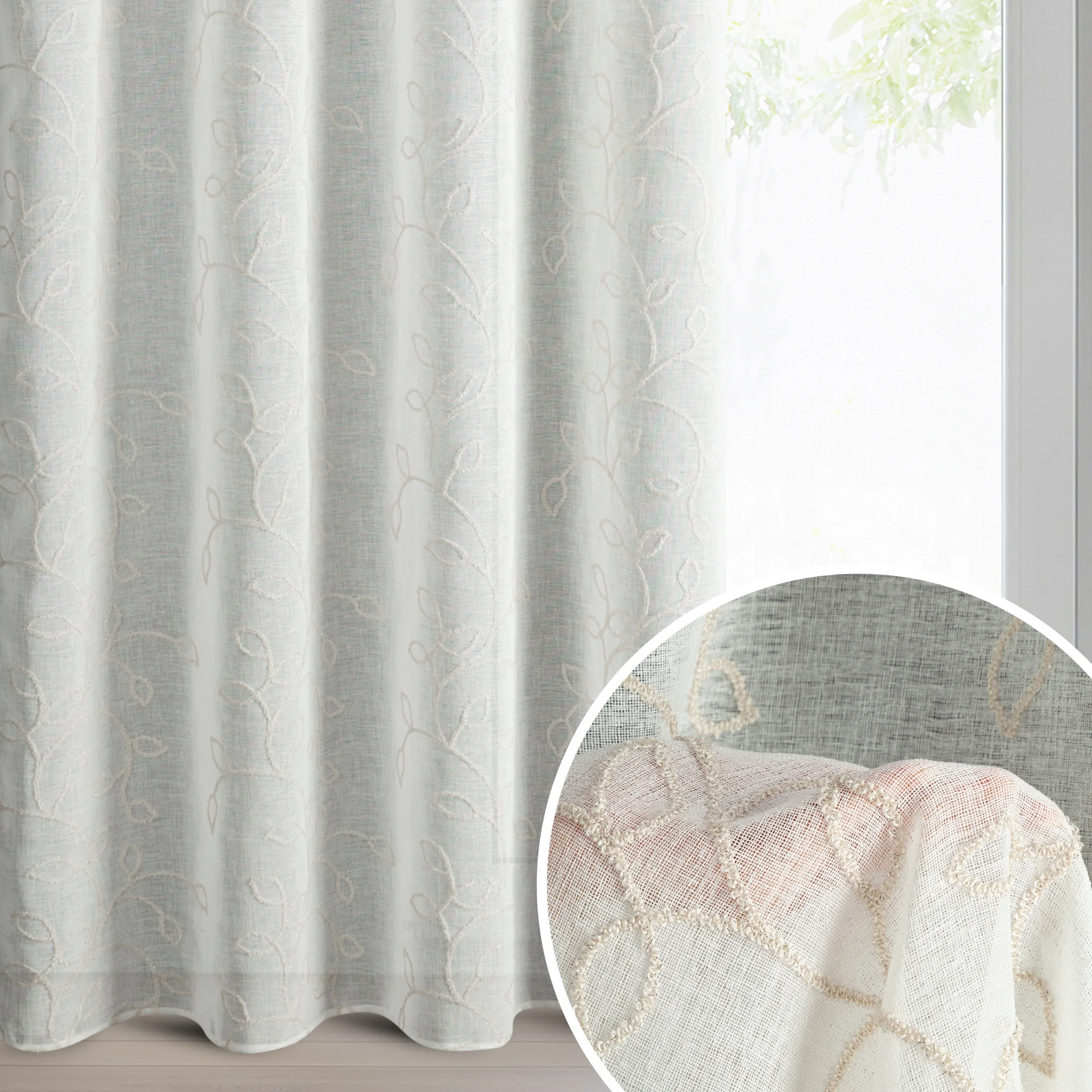 Zasłona biało, beżowa z tkaniny o naturalnym wyglądzie zdobiona szenilowym haftem 140x250 cm przelotki - ILENA | eurofirany