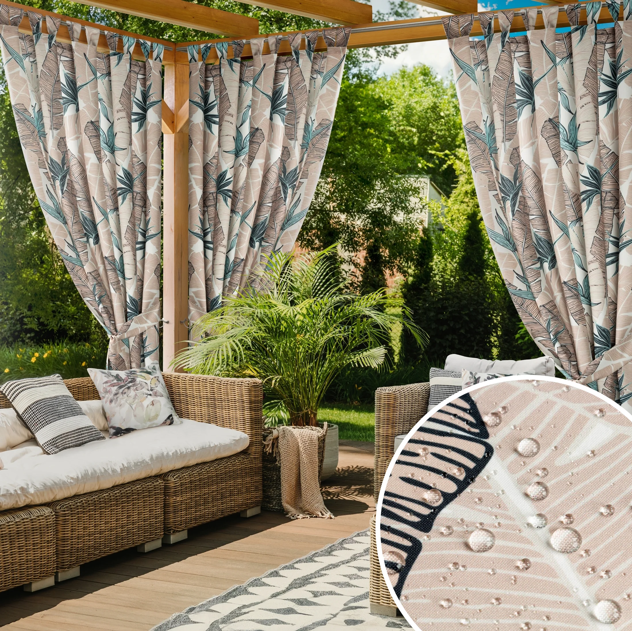 Zasłona beżowo, zielona z wodoodpornej tkaniny idealna do ogrodu i na taras 155x260 cm szelki/rzep - GARDEN | eurofirany