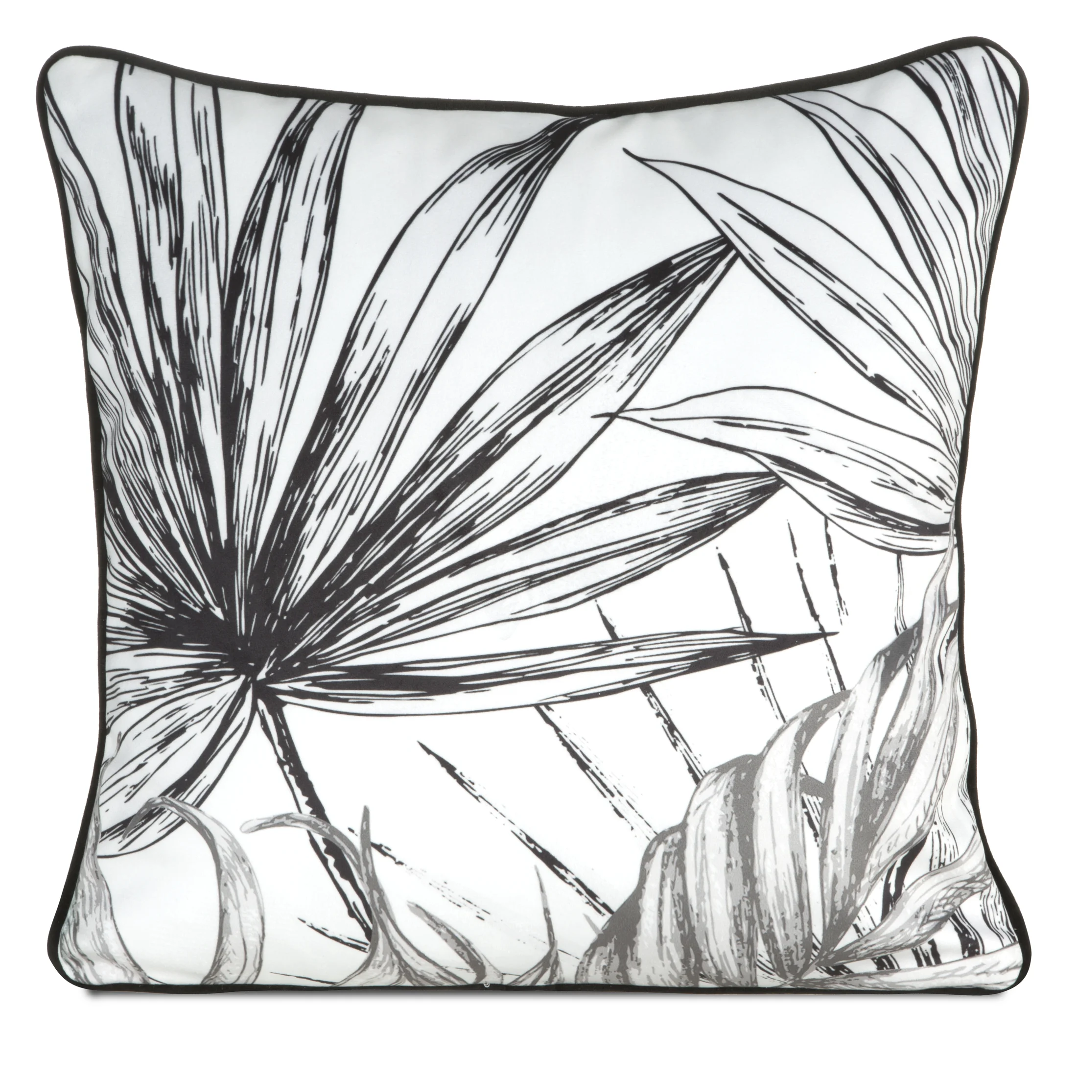 Poszewka na poduszkę 45x45 cm welwetowa, biało czarna z motywem roślinnym z wypustką na brzegach PALOMA Eurofirany Premium | eurofirany
