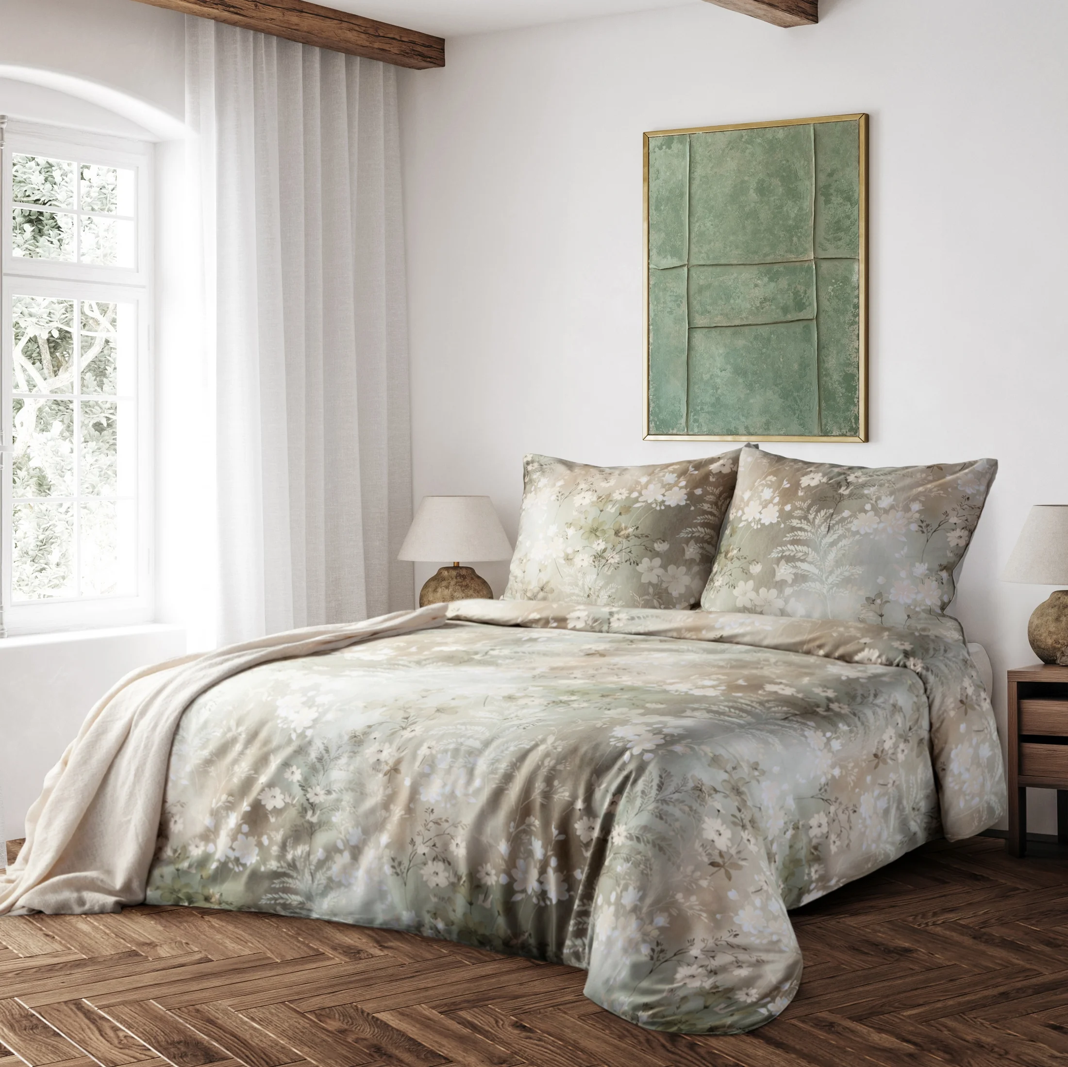 Pościel 160x200 cm z makosatyny bawełnianej kolor oliwkowo, biały zdobiona nadrukiem kwiatów REINA 43 | eurofirany