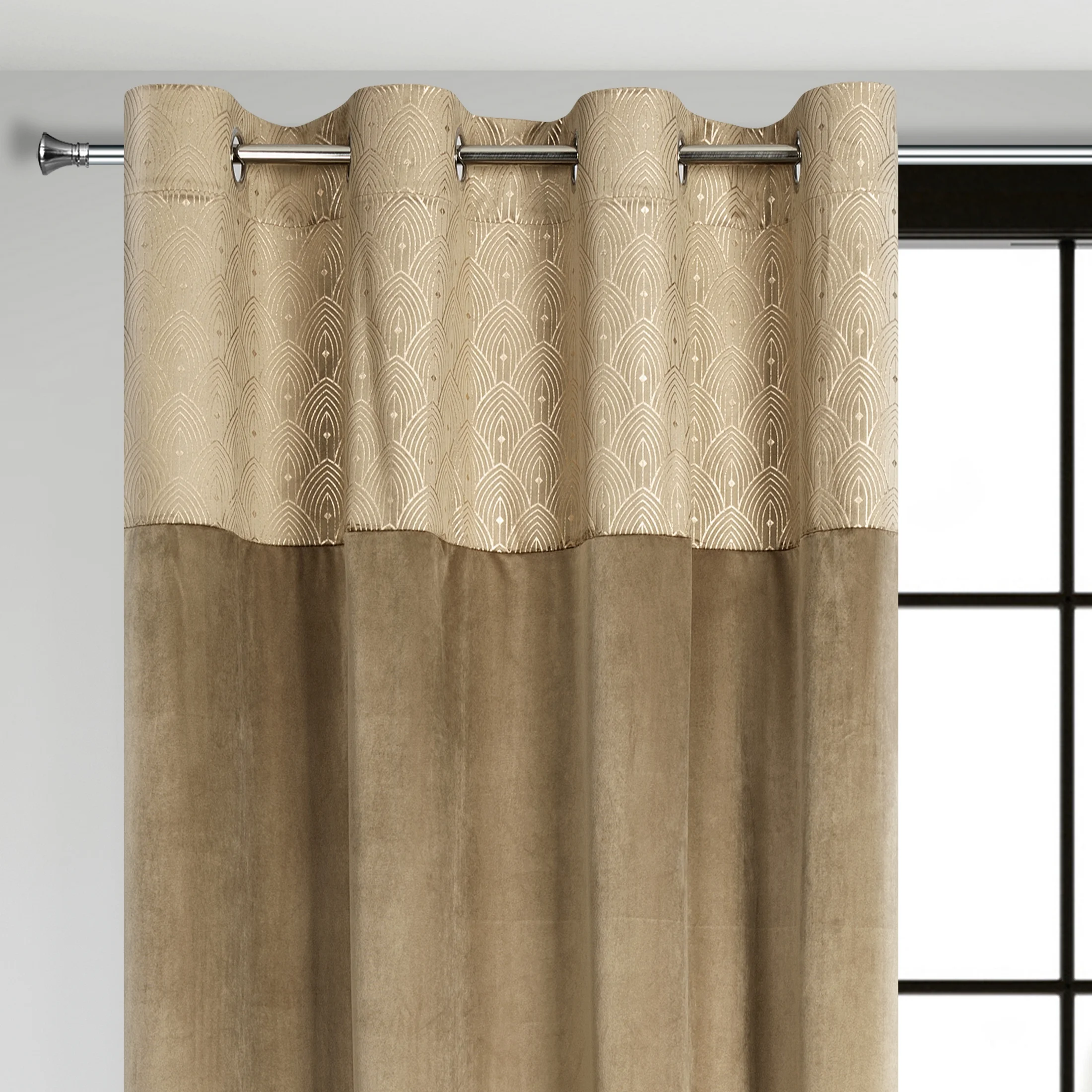 Zasłona beżowa z aplikacją z błyszczącego welwetu 140x250 cm przelotka - AGNES - Design 91 | eurofirany