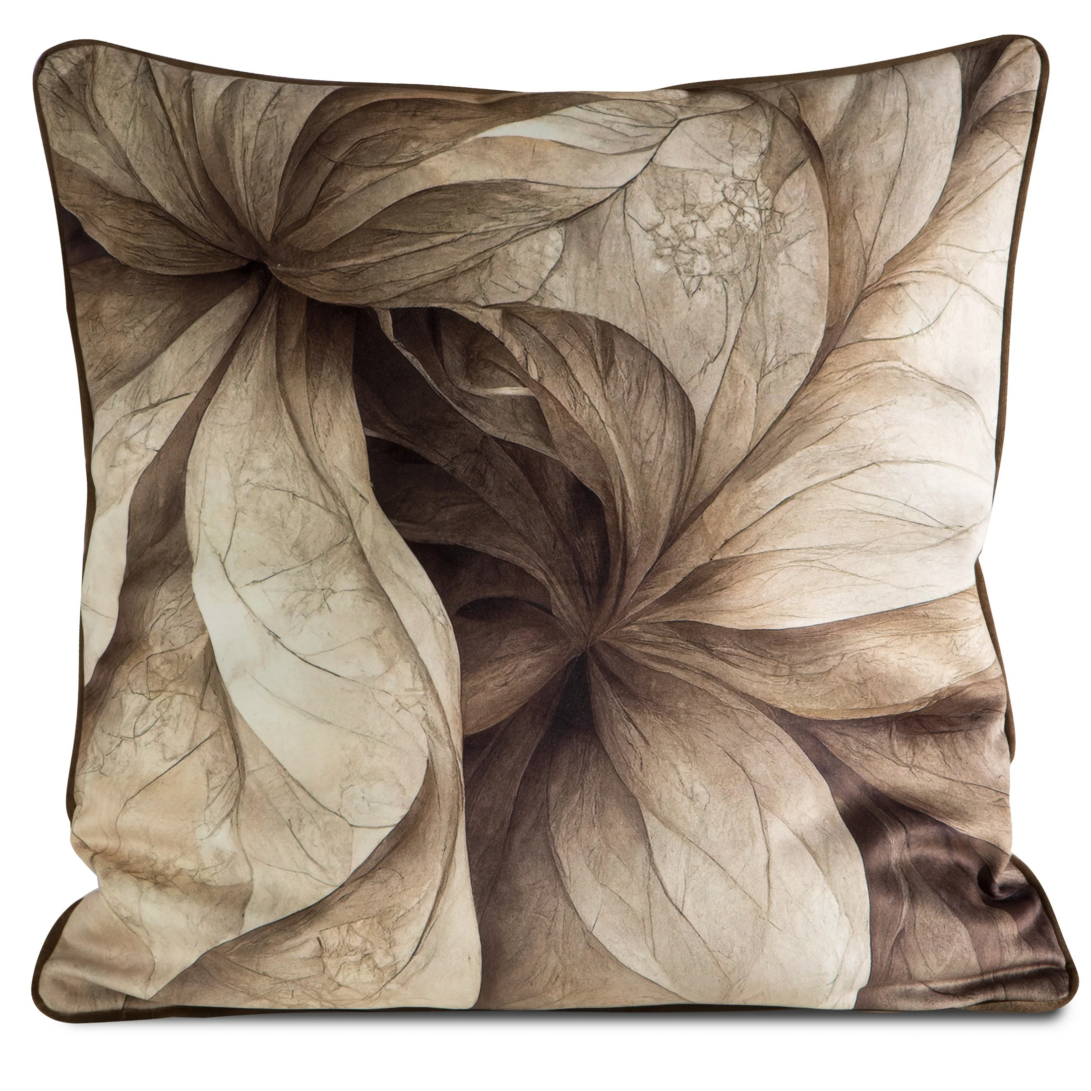 Poszewka na poduszkę 60x60 cm welwetowa, brązowo beżowa z designerskim nadrukiem i ozdobną wypustką SYLVIA Eva Minge | eurofirany