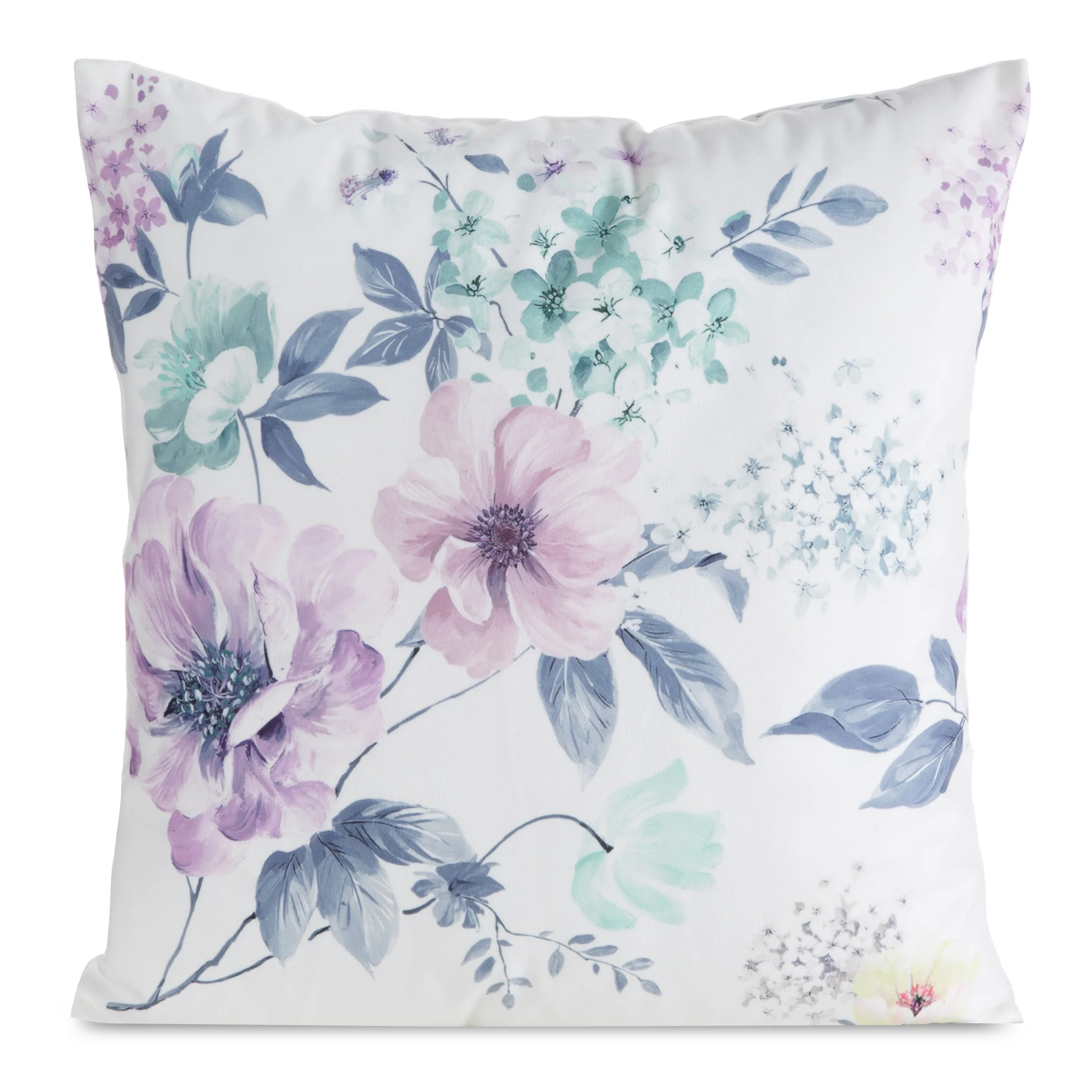 Poszewka na poduszkę 45x45 cm welwetowa biało, fioletowa zdobiona nadrukiem kwiatów MINK | eurofirany
