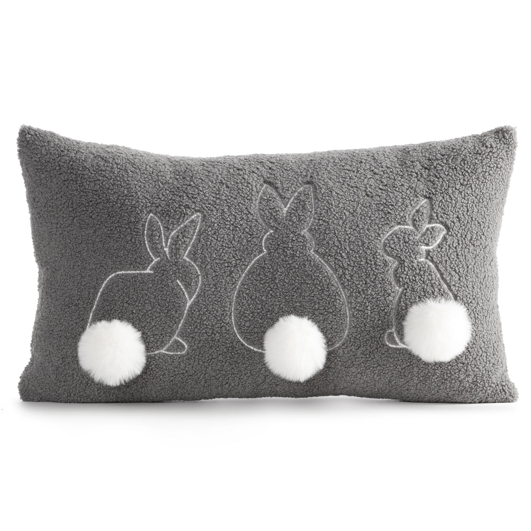 Poszewka na poduszkę 30x50 cm z tkaniny typu bukla stalowo, biała z uroczym haftem z pomponami WIOSNA 37 | eurofirany