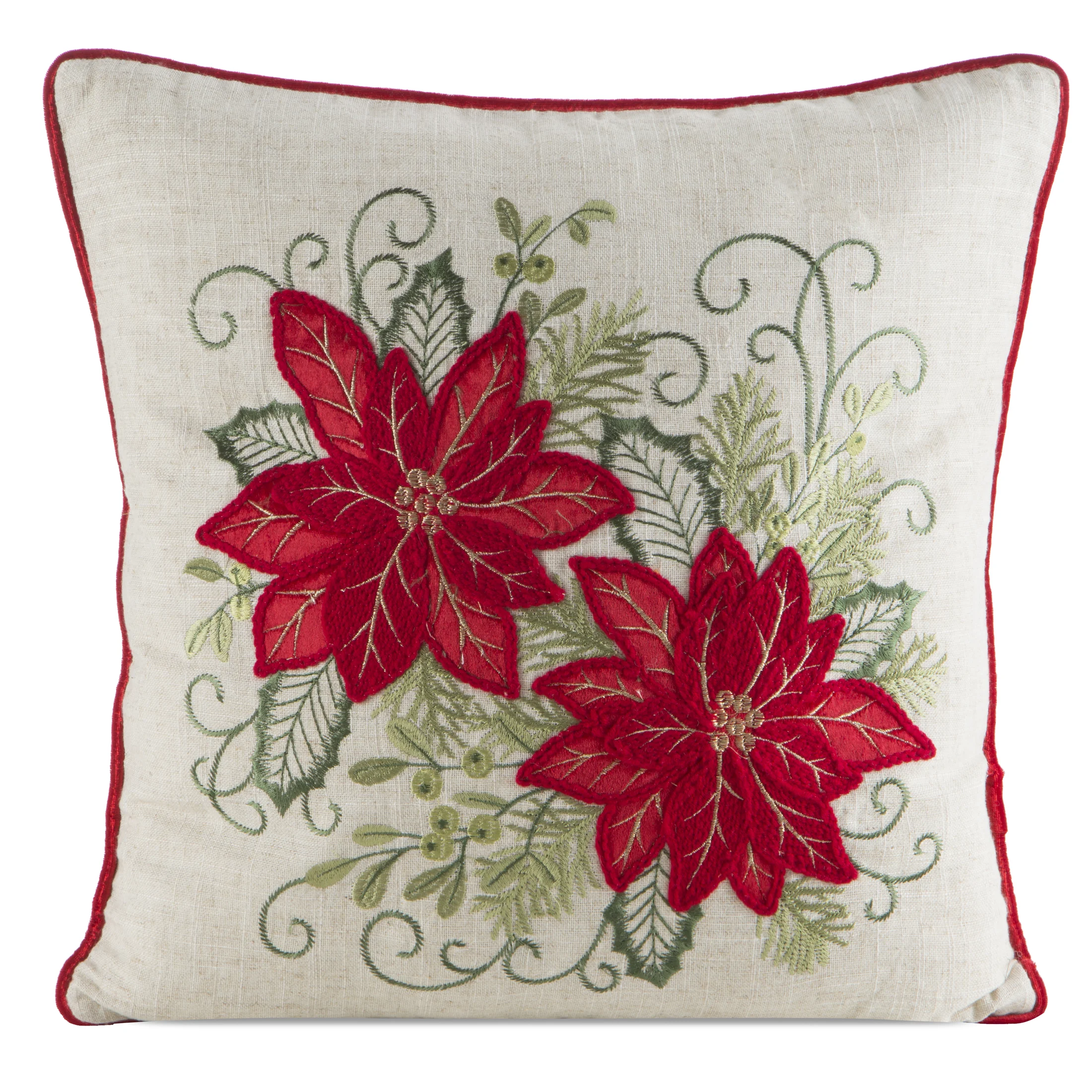 Poszewka na poduszkę świąteczna 45x45 cm kremowo, czerwona zdobiona haftem gwiazd betlejemskich | eurofirany