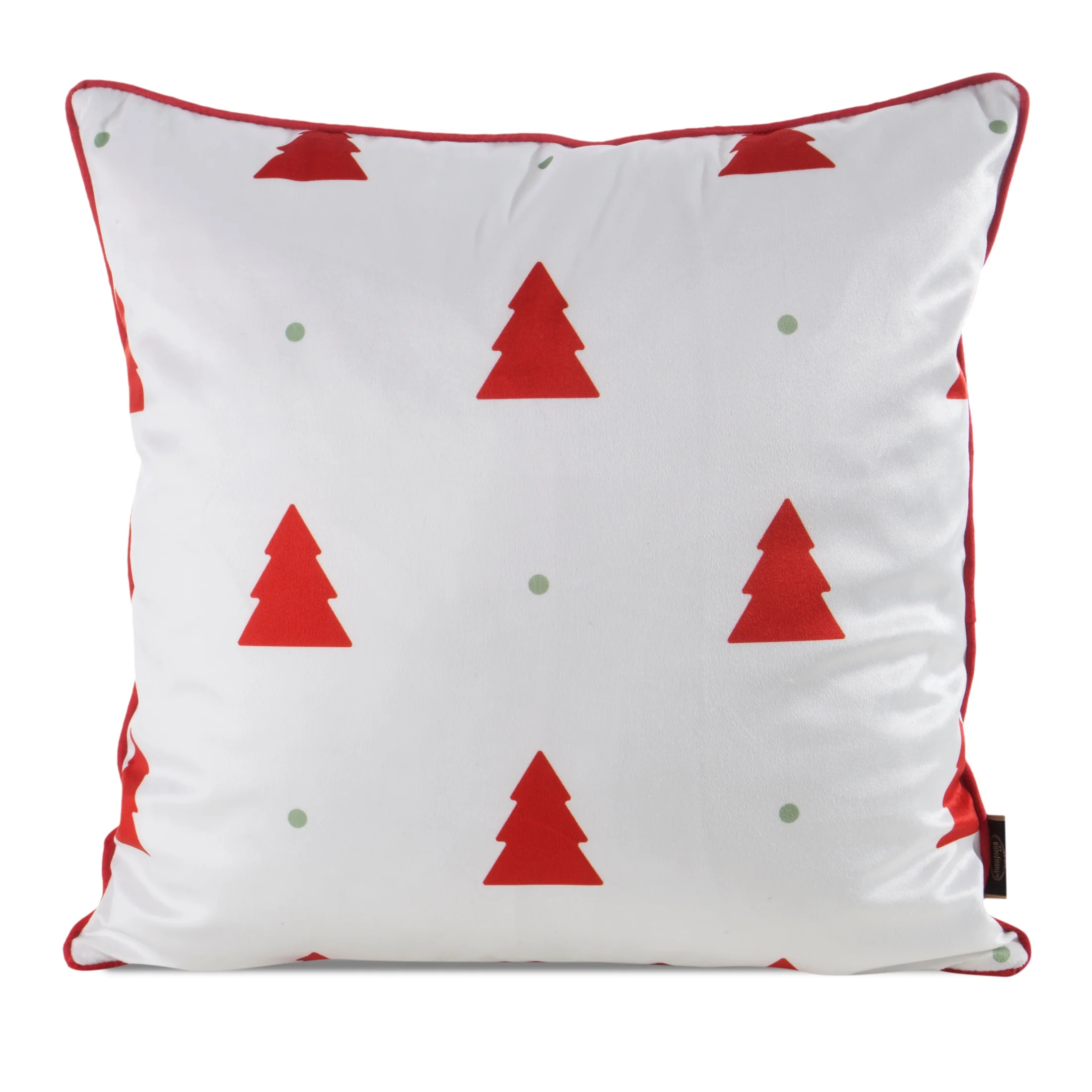 Poszewka na poduszkę świąteczna 45x45 cm biało, czerwona zdobiona nadrukiem choinek i elegancką wypustką | eurofirany