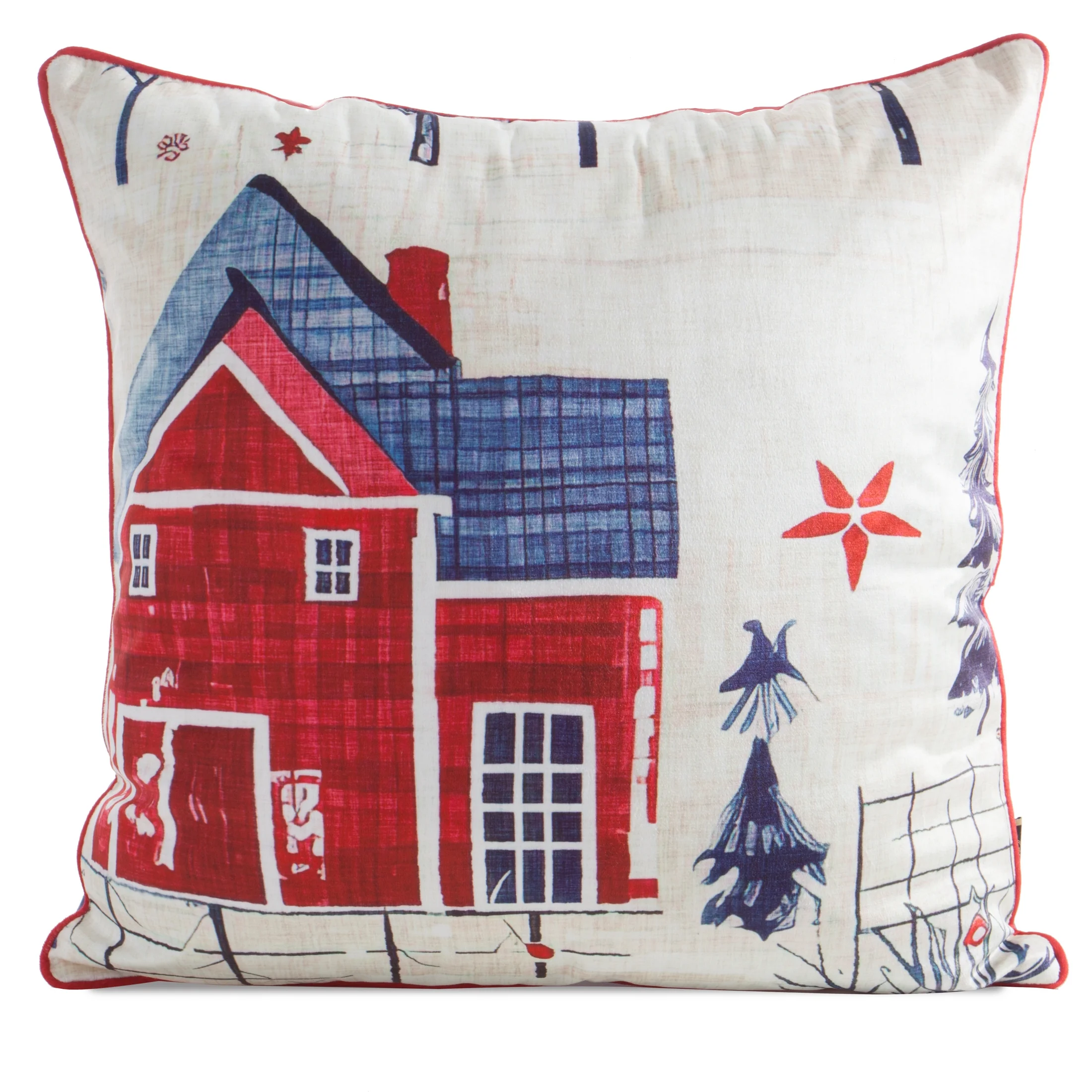 Poszewka na poduszkę świąteczna 45x45 cm czerwono, granatowa zdobiona uroczym nadrukiem i elegancką wypustką | eurofirany