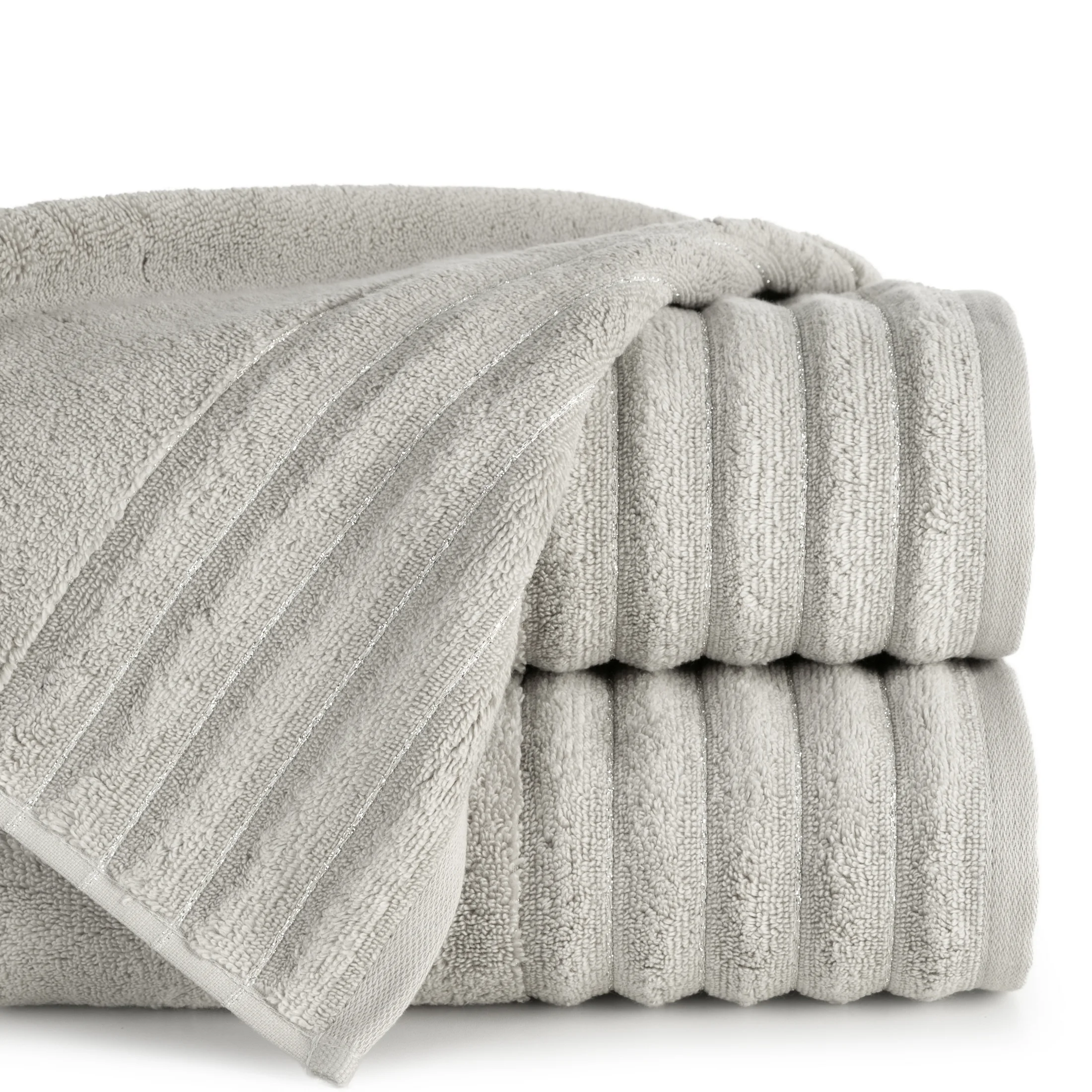 Ręcznik kąpielowy 50x90 cm kolor srebrny zdobiony prążkami z błyszczącej nici 500 g/m2 LUNARI