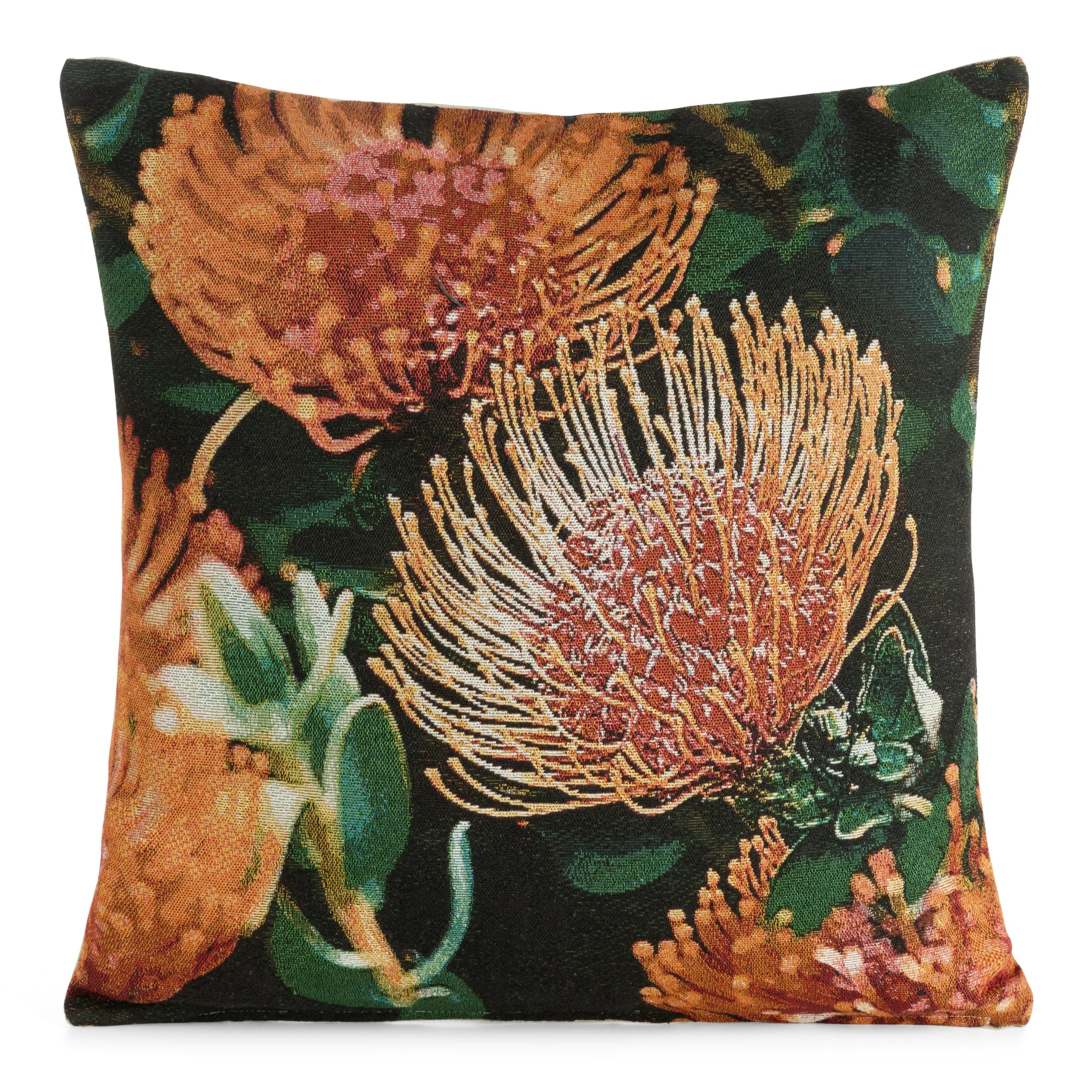 Poszewka na poduszkę 45x45 cm czarno, ciemnopomarańczowa żakardowa z motywem egzotycznym GOBELIN | eurofirany