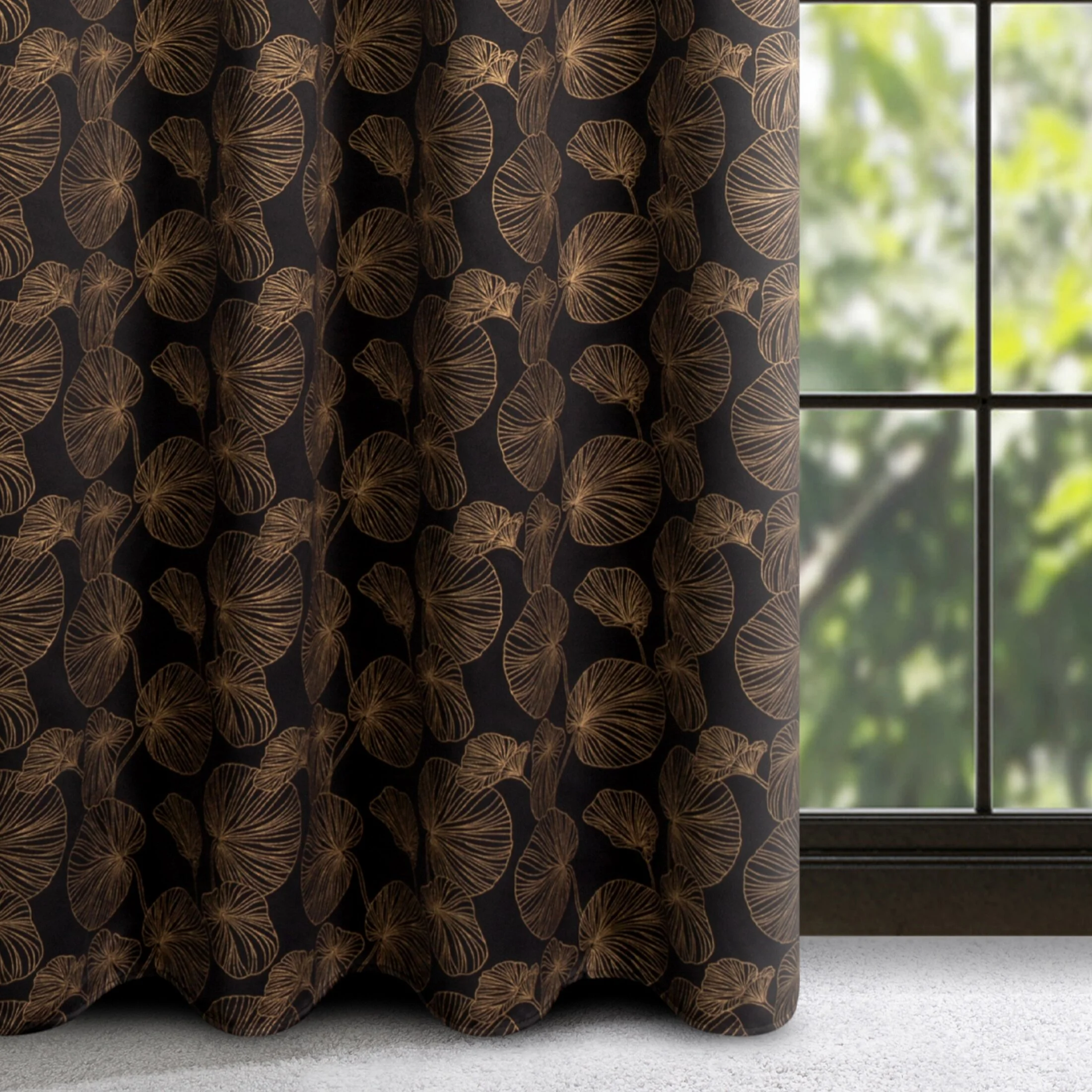 Zasłona czarno, złota ze wzorem liści, zaciemniająca 140x250 cm przelotka - MARIGOLD | eurofirany