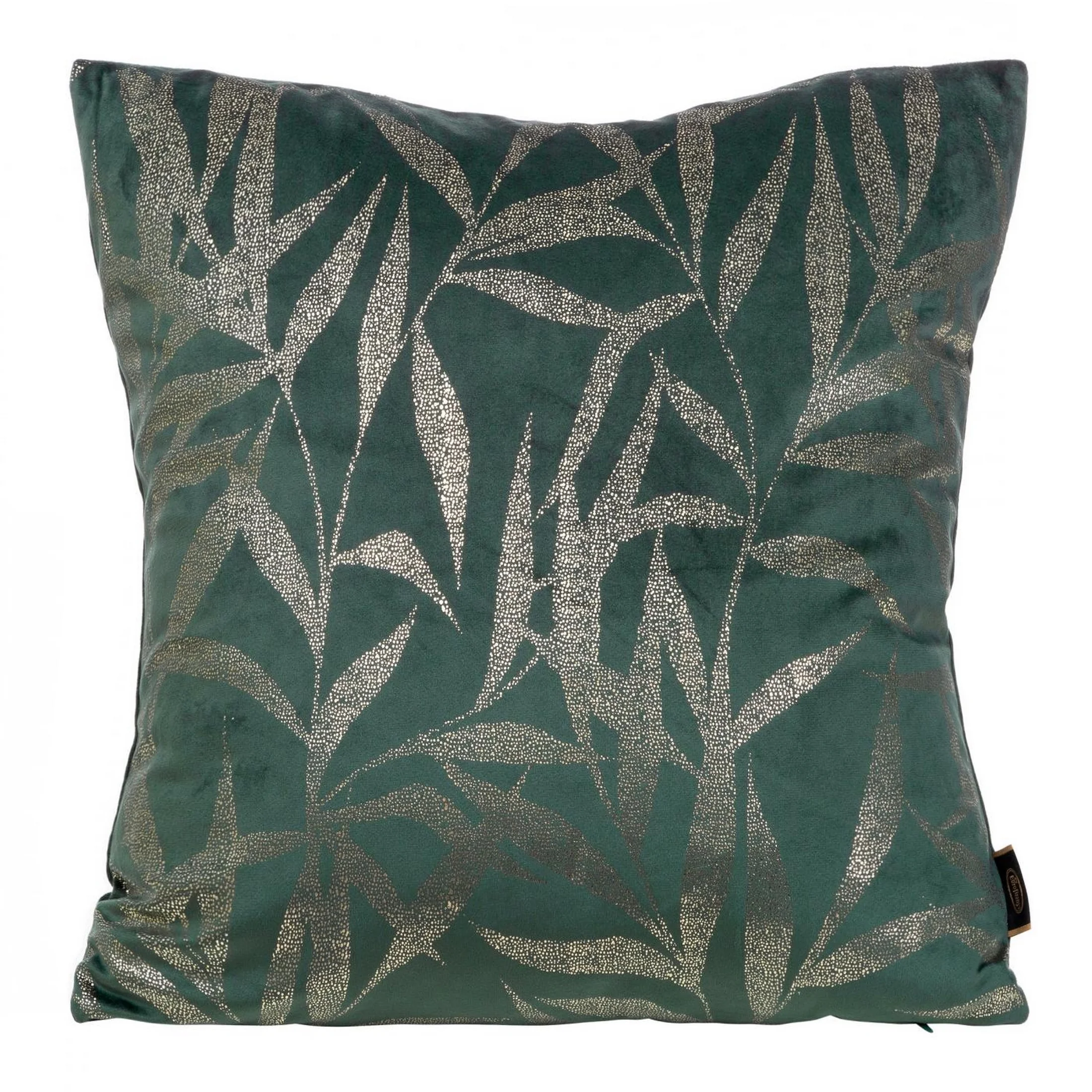Poszewka na poduszkę 45x45 cm welwetowa kolor ciemnomiętowy ze złocistym nadrukiem liści BLINK 22 | eurofirany