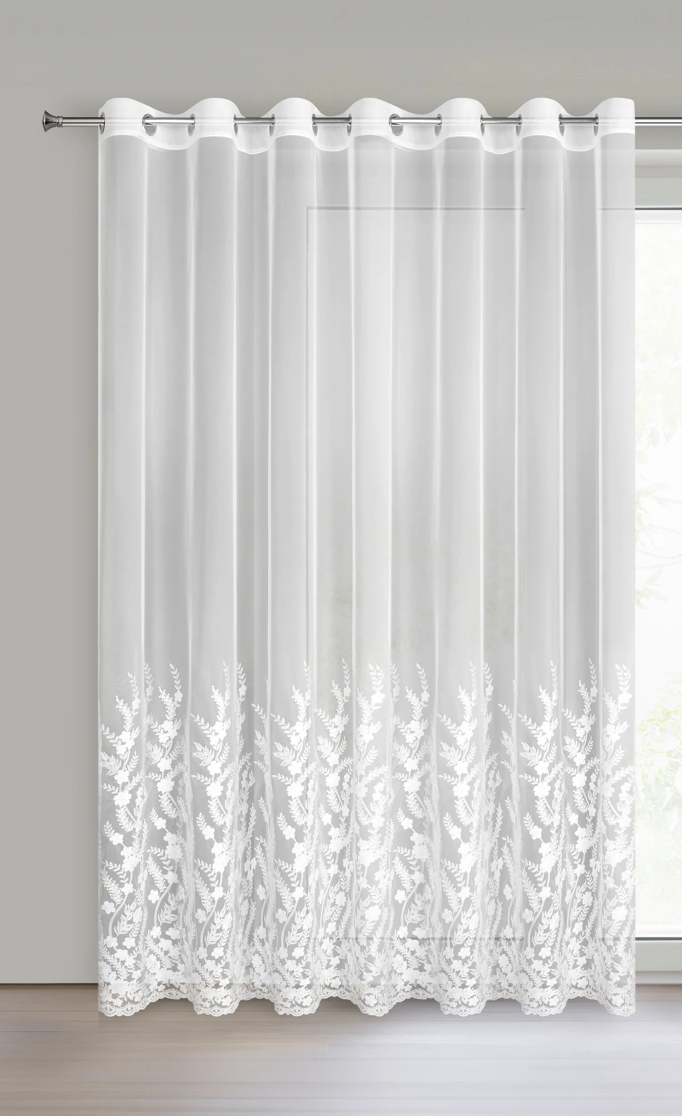 Firana biała z siateczki zdobiona haftem 300x250 cm przelotka - TALINA