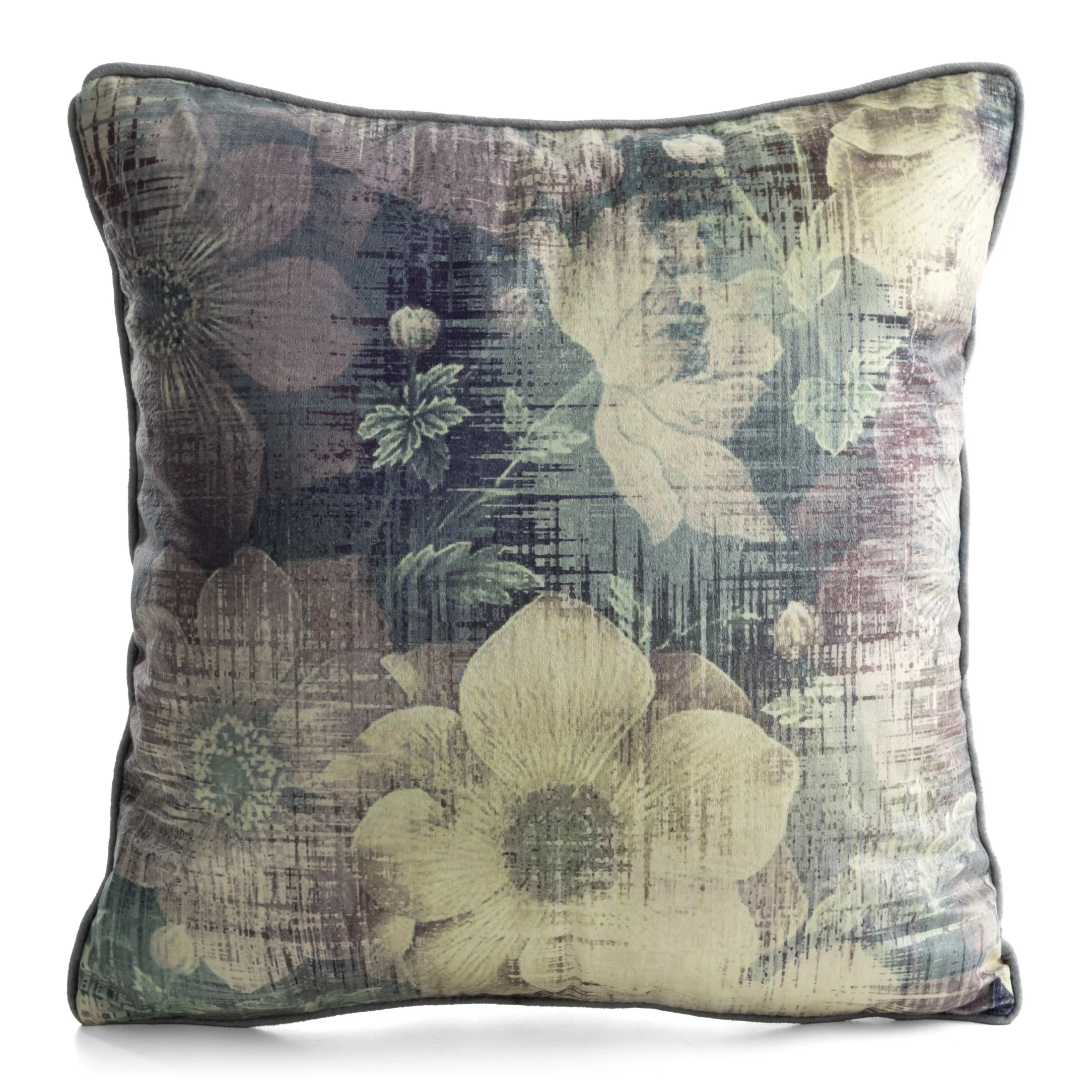 Poszewka na poduszkę 45x45 cm welwetowa fioletowo, granatowa z roślinnym nadrukiem VELVET 201 | eurofirany