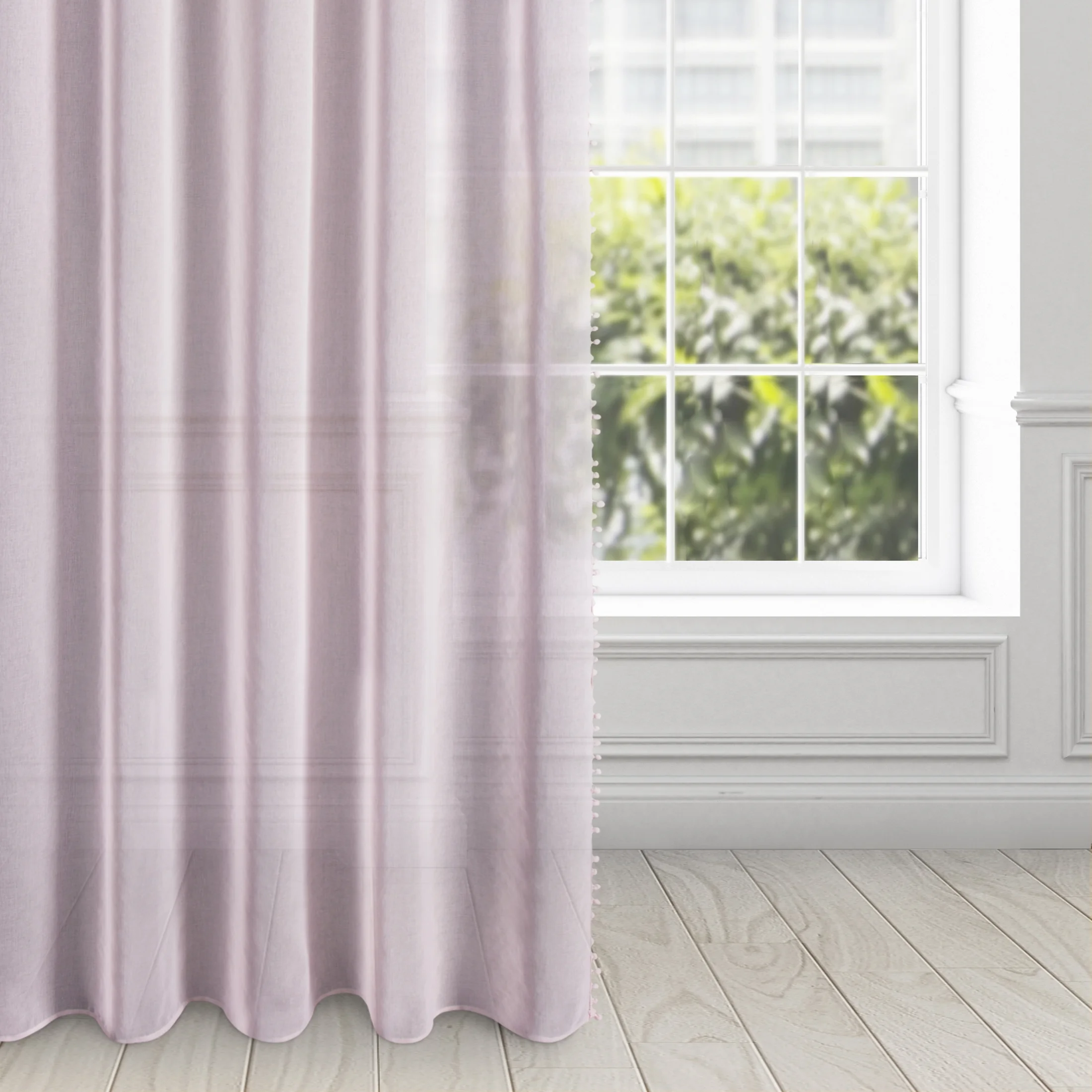 Dekoracja okienna różowa obszyta tasiemką z pomponami 140x270 cm taśma - ALMINA | eurofirany