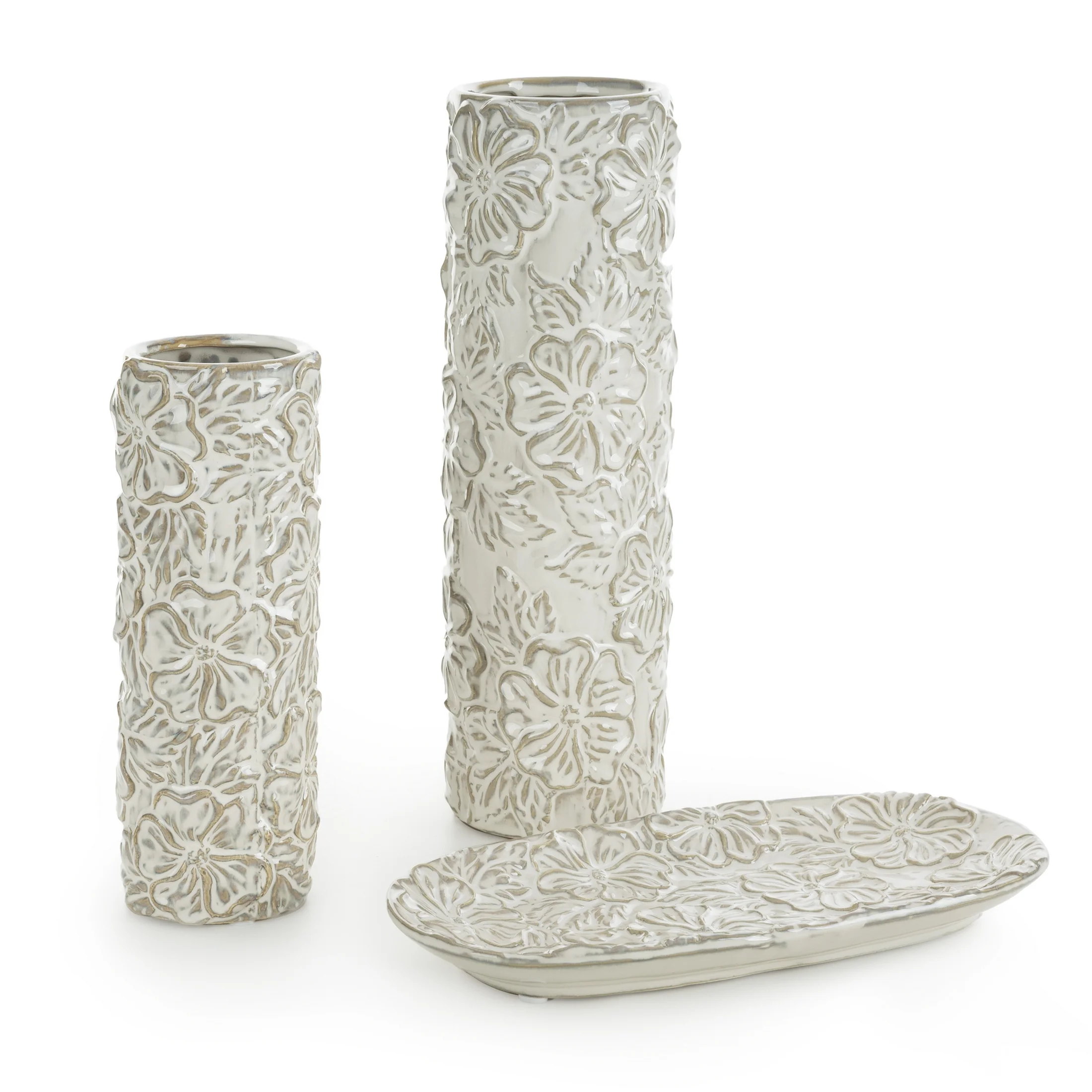 Wazon ceramiczny kremowy z wytłaczanym wzorem kwiatów średnica 9x26 cm NAIRA