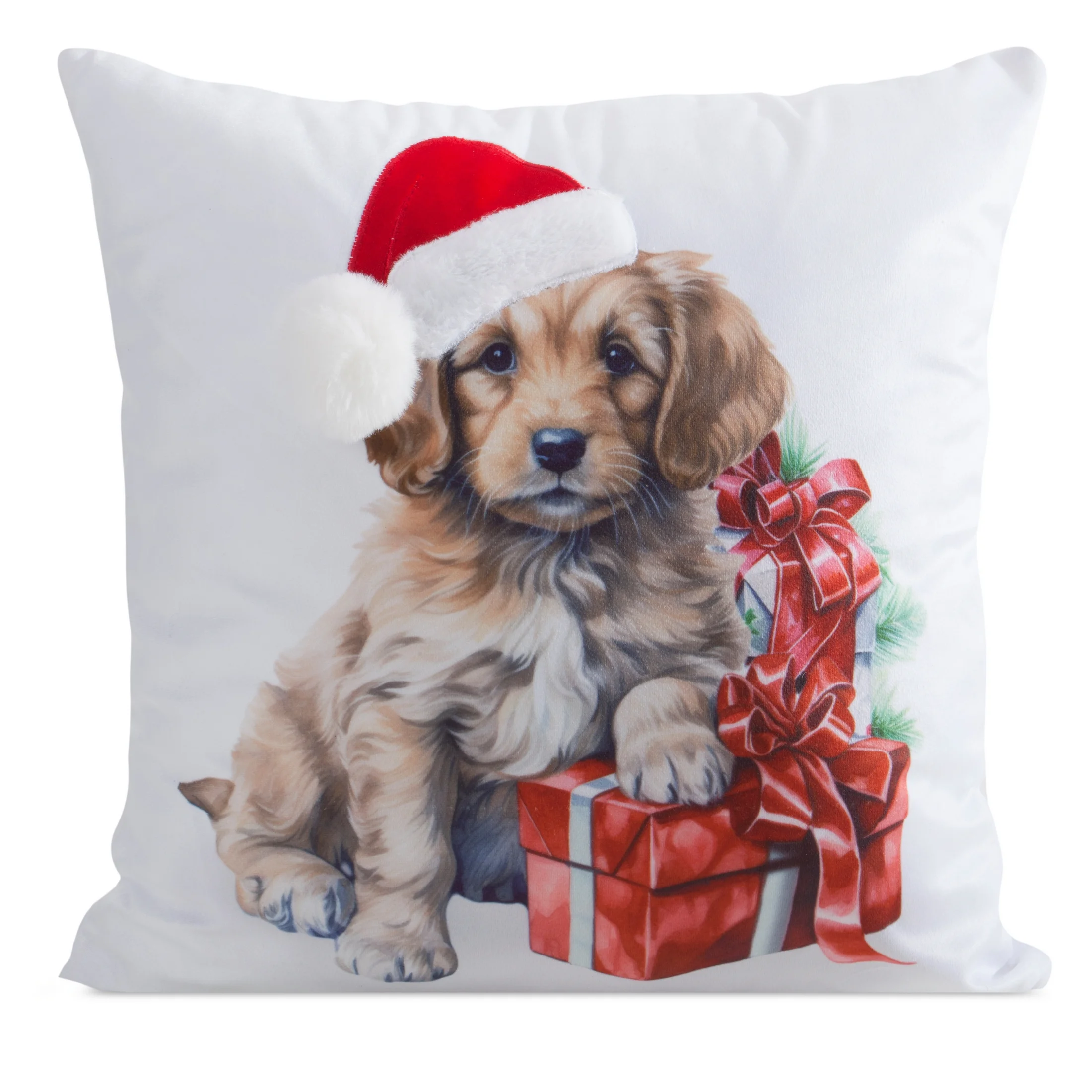 Poszewka na poduszkę świąteczna 45x45 cm welwetowa biało, czerwona zdobiona uroczym nadrukiem pieska | eurofirany