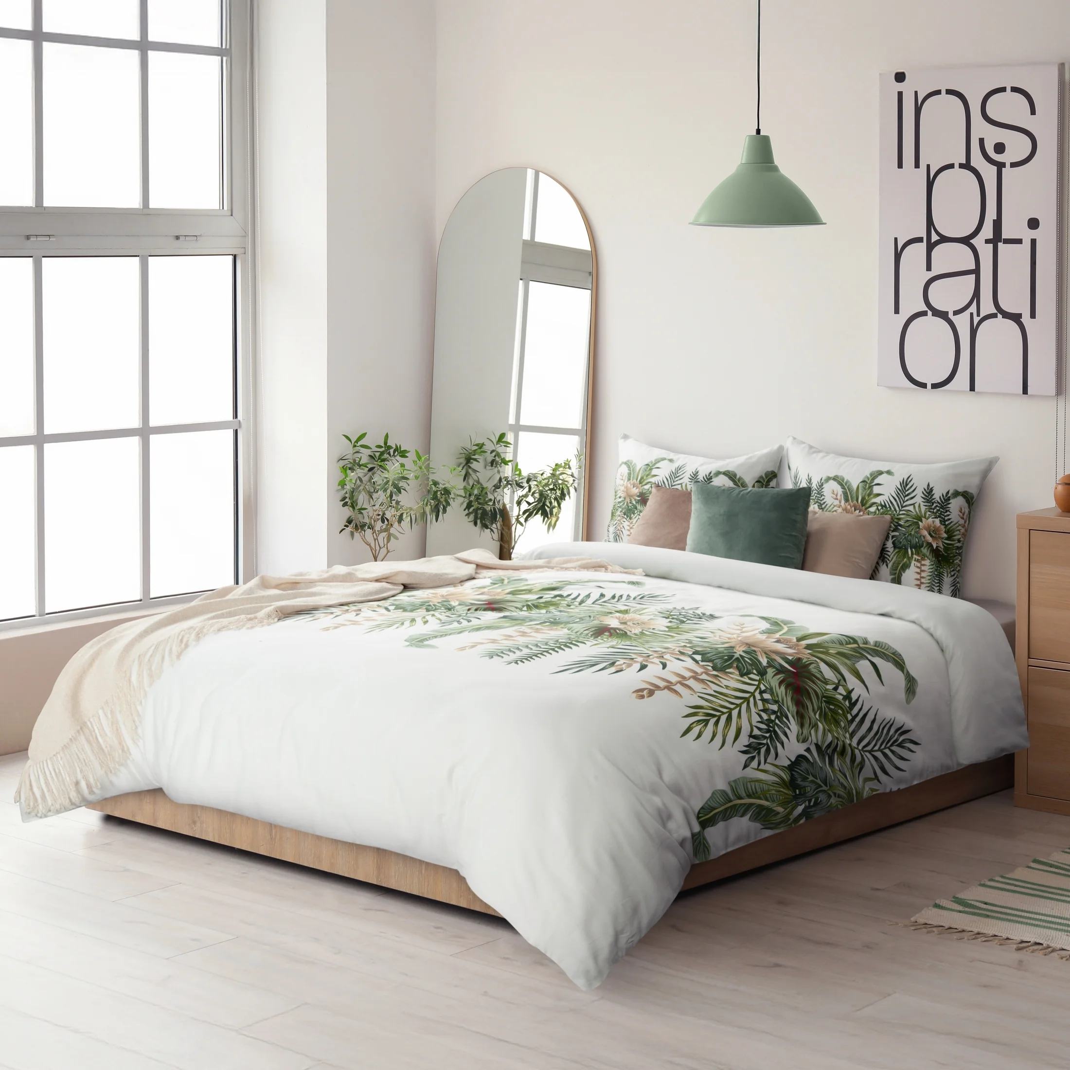 Pościel 220x200 cm bawełniana kolor biały, zielony z wzorem roślinnym SPRING 30 |