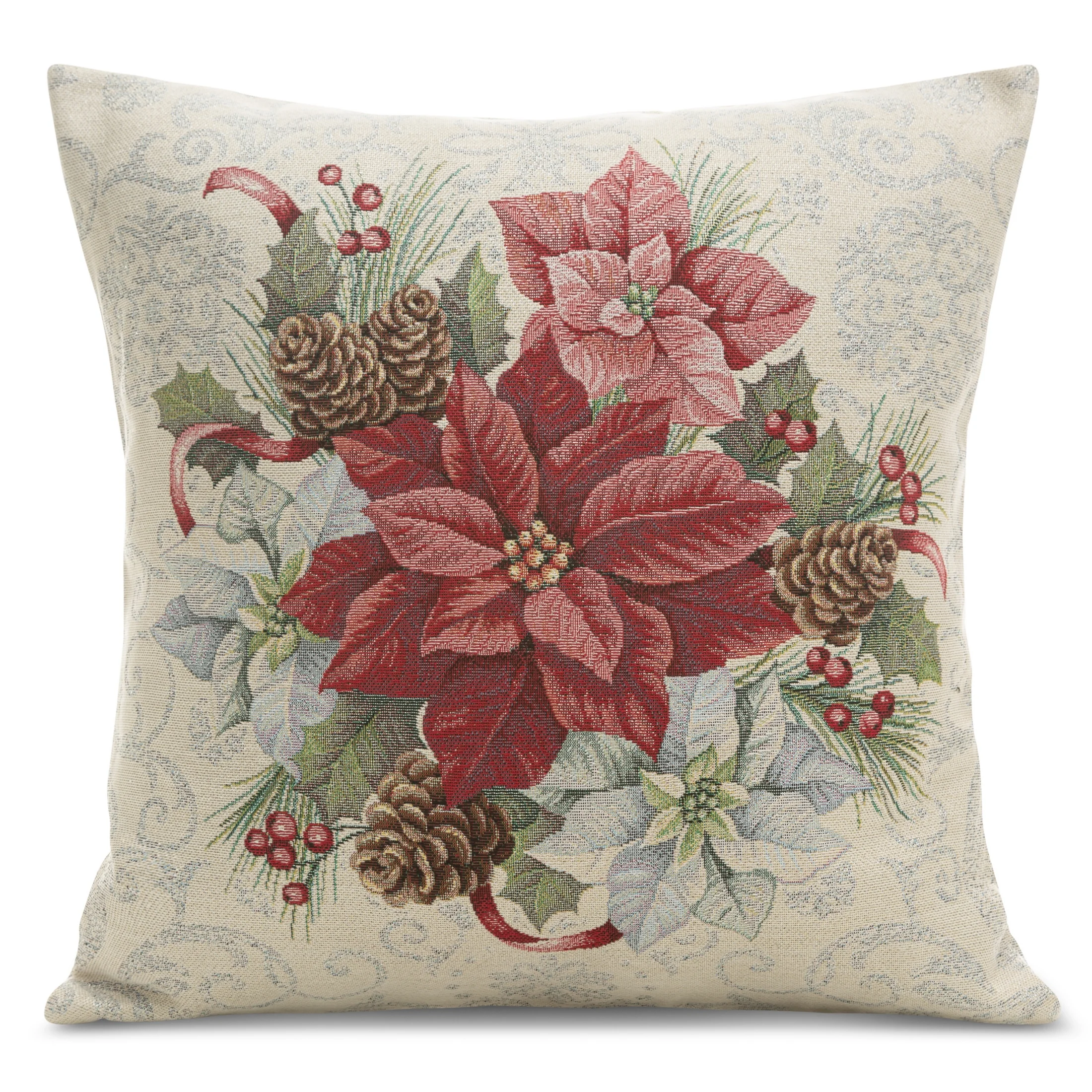Poszewka na poduszkę 45x45 cm gobelinowa naturalno, czerwona z motywem świątecznym GOB | eurofirany