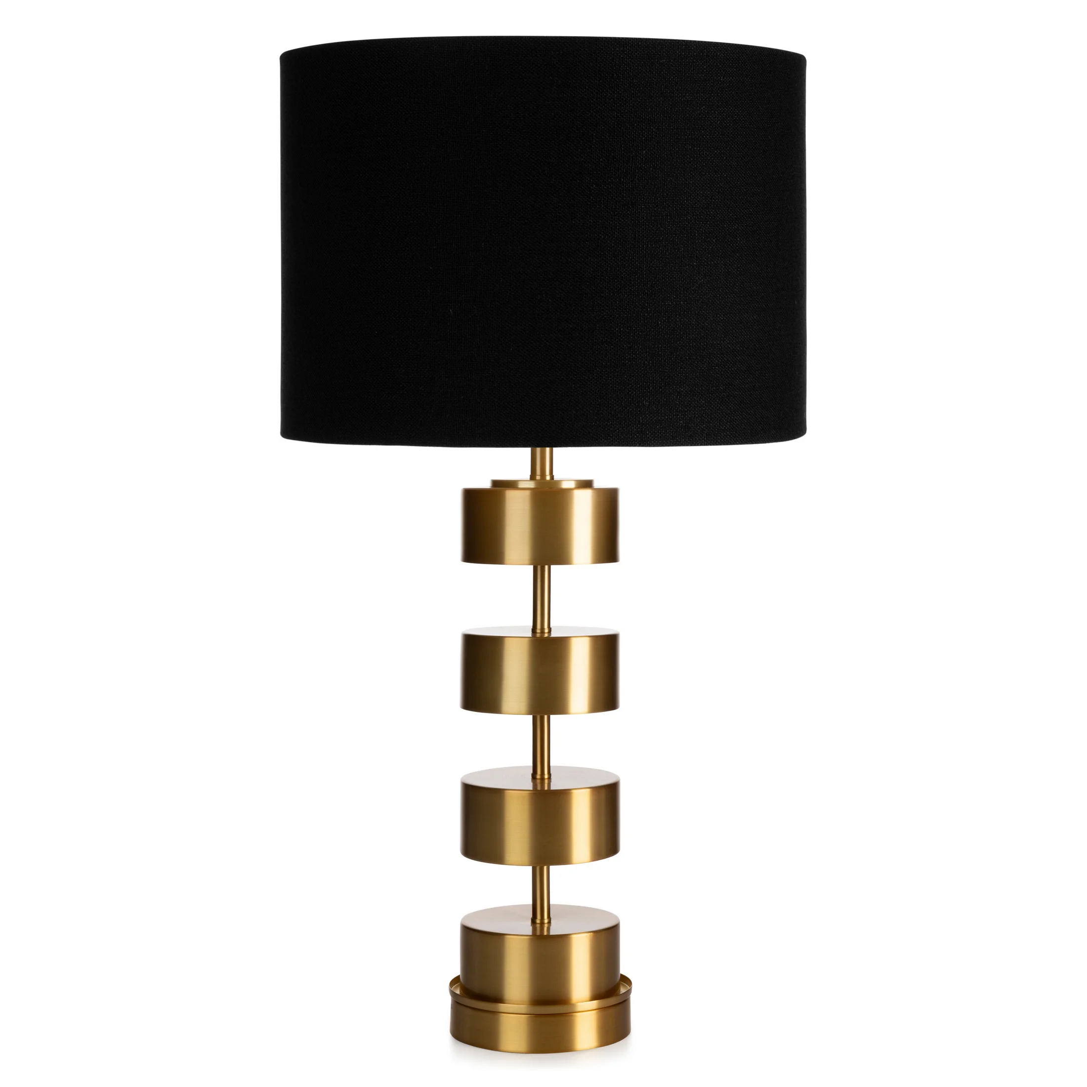 Lampa stołowa do salonu czarno, złota ANGEL o designerskim kształcie z matowym abażurem