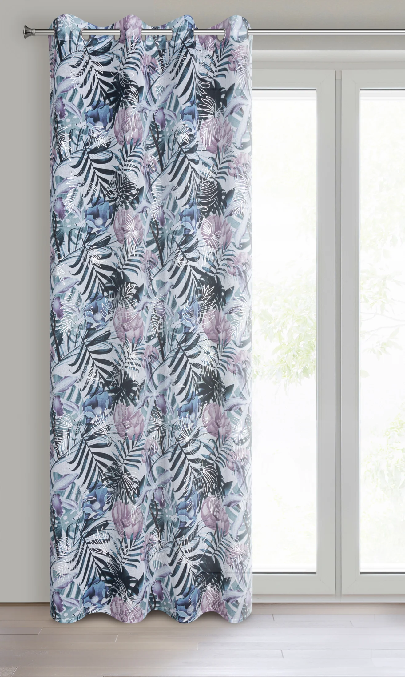 Dekoracja okienna biało, zielona z półprzezroczystej tkaniny z motywem egzotycznych roślin ze srebrnymi akcentami 140x250 cm przelotka - MALIBU