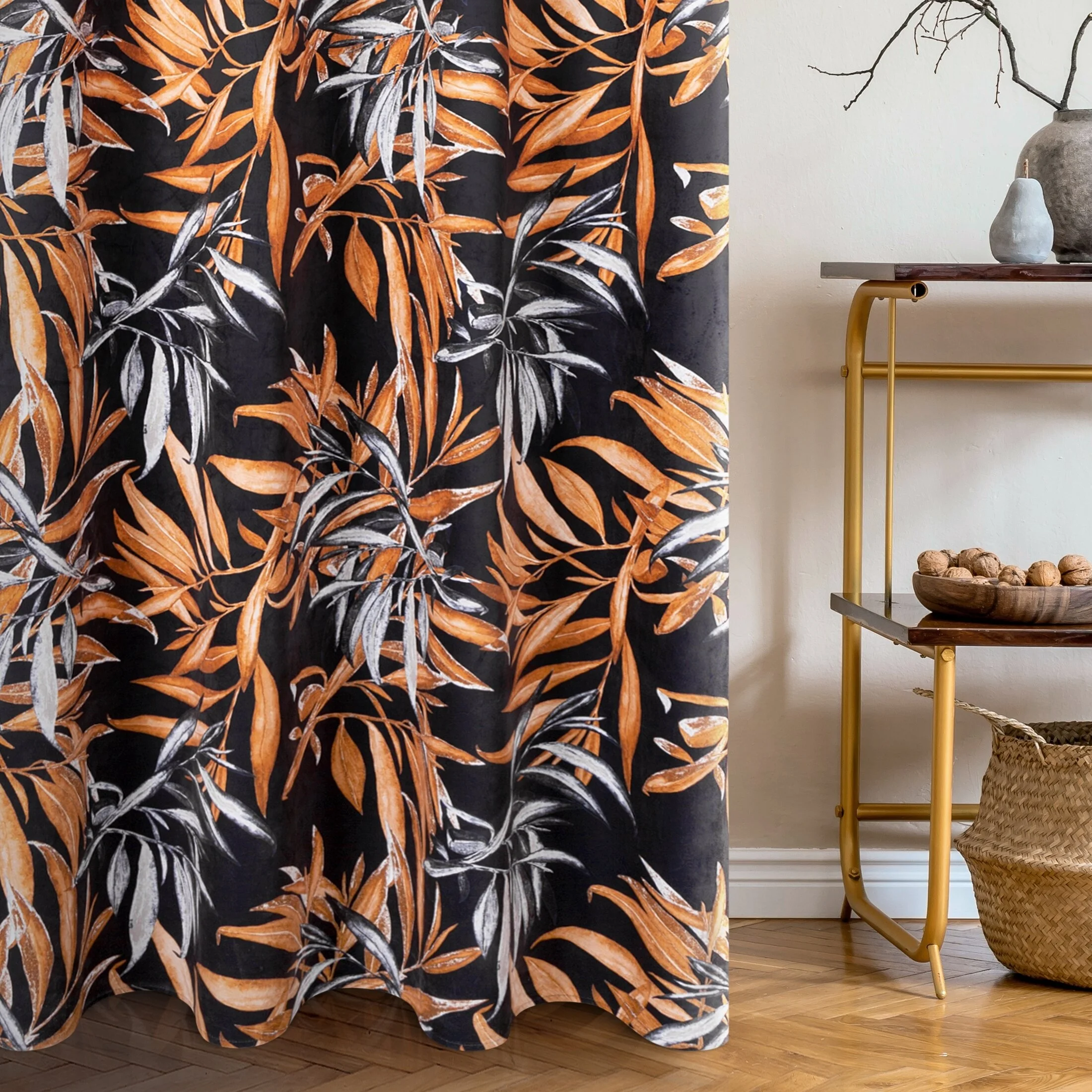 Zasłona welwetowa czarno, ruda w stylu botanic 140x250 cm przelotka - ZOJA - Pierre Cardin | eurofirany