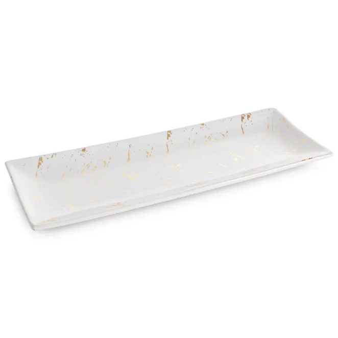 Patera ceramiczna dekoracyjna biało-złota zdobiona przecieranym wzorem 38x14x4 cm ARIELA 2