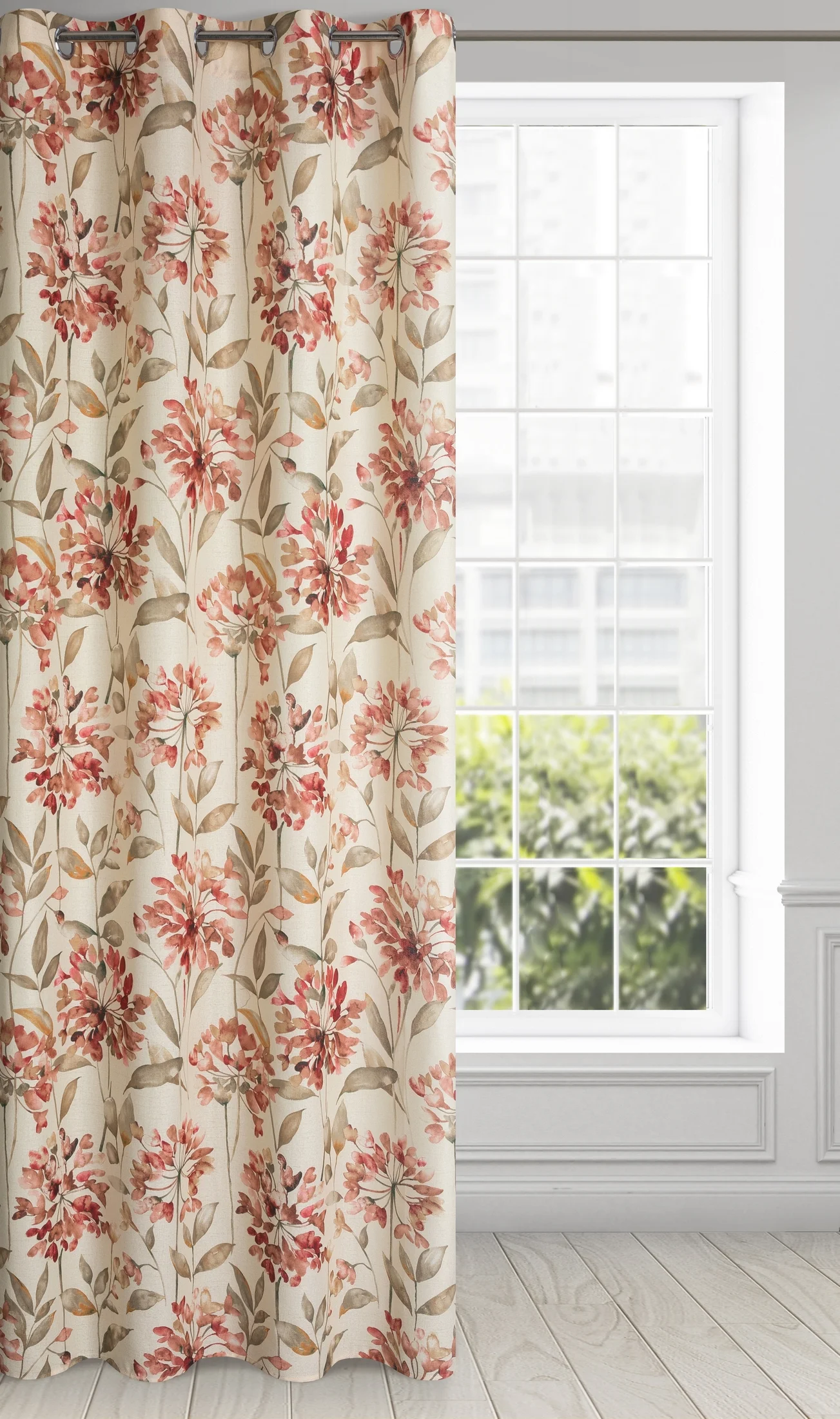 Zasłona naturalno, różowa ze wzorem kwiatowym, w stylu eko 140x250 cm przelotka - JENNY