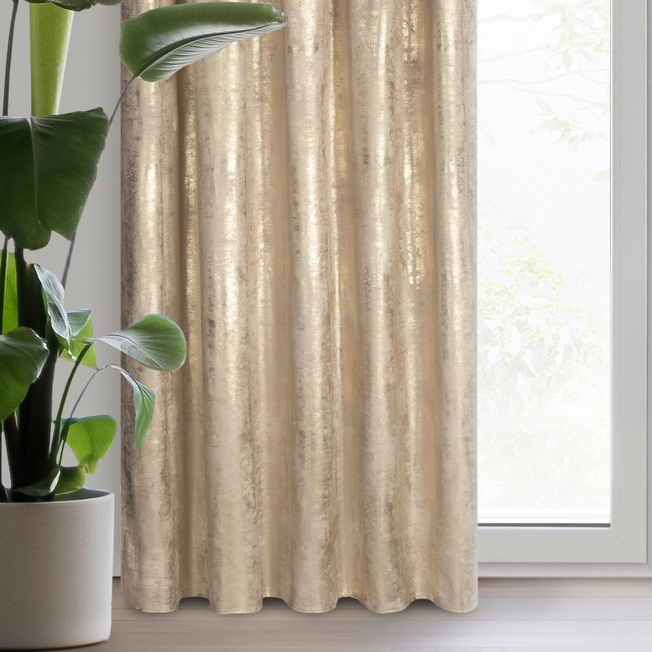 Zasłona welwetowa beżowo, szampańska zdobiona przecieranym wzorem 140x270 cm taśma - RENIA | eurofirany