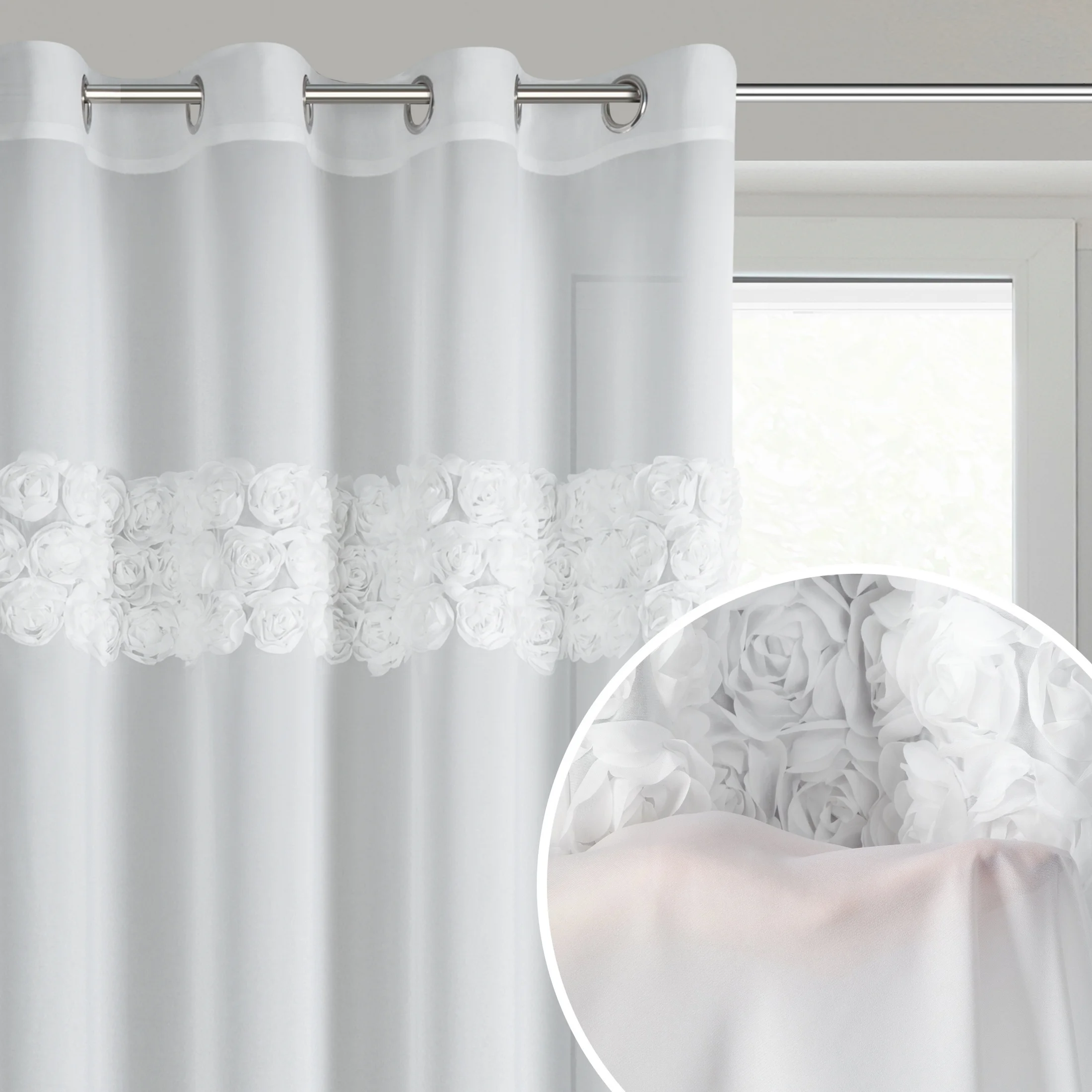 Firana biała z szyfonu zdobiona aplikacją 3D w róże 140x250 cm przelotki - ROSES8 - Eva Minge | eurofirany