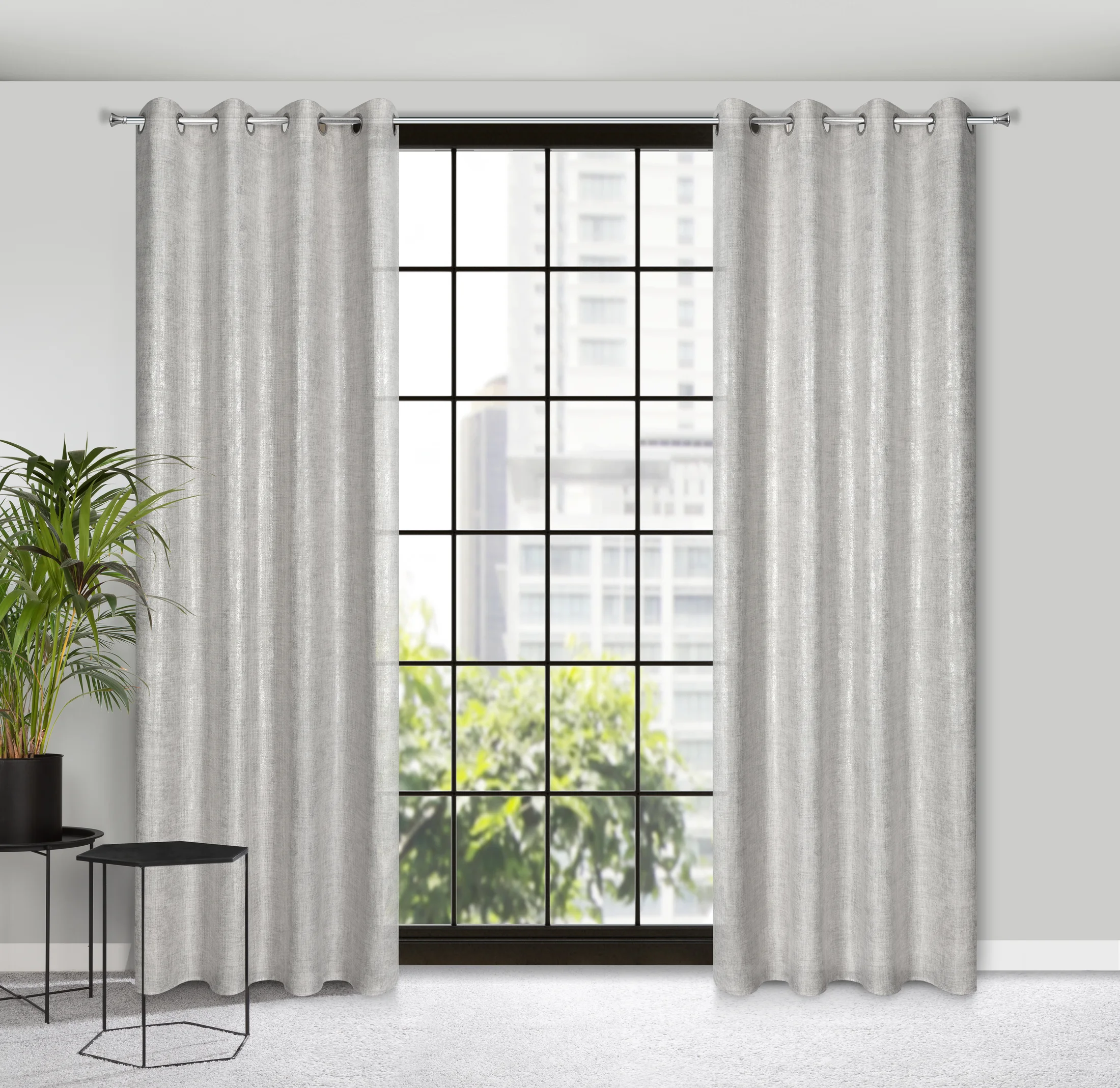 Zasłona srebrna o płóciennym splocie ze złotym połyskiem 140x250 cm przelotka - BLANKA