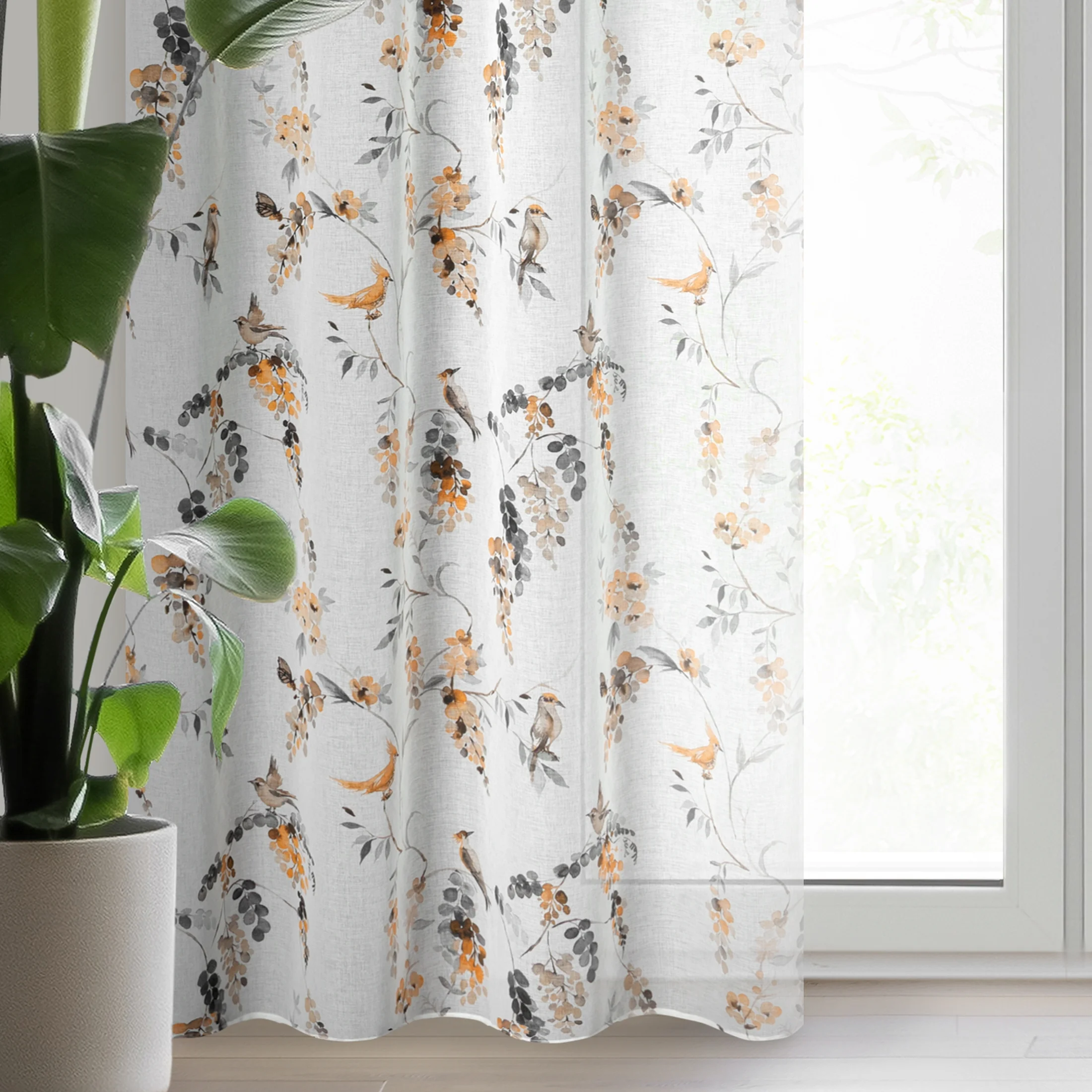 Zasłona biało, pomarańczowa zdobiona nadrukiem kwiatów z etaminy 140x250 cm przelotka - RIKI | eurofirany