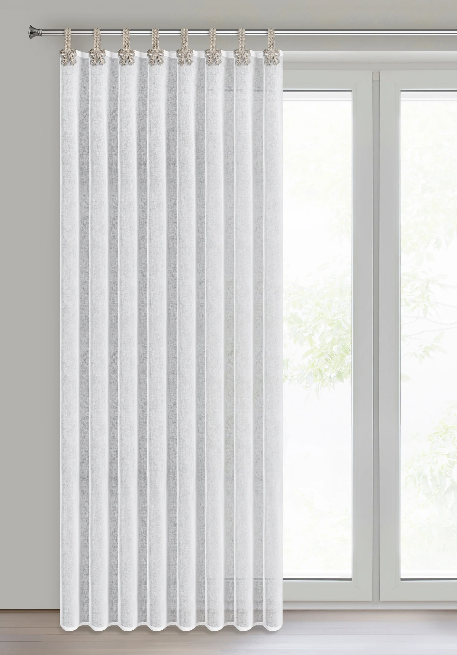 Firana biało, beżowa zdobiona kokardkami 140x250 cm szelki MELISA