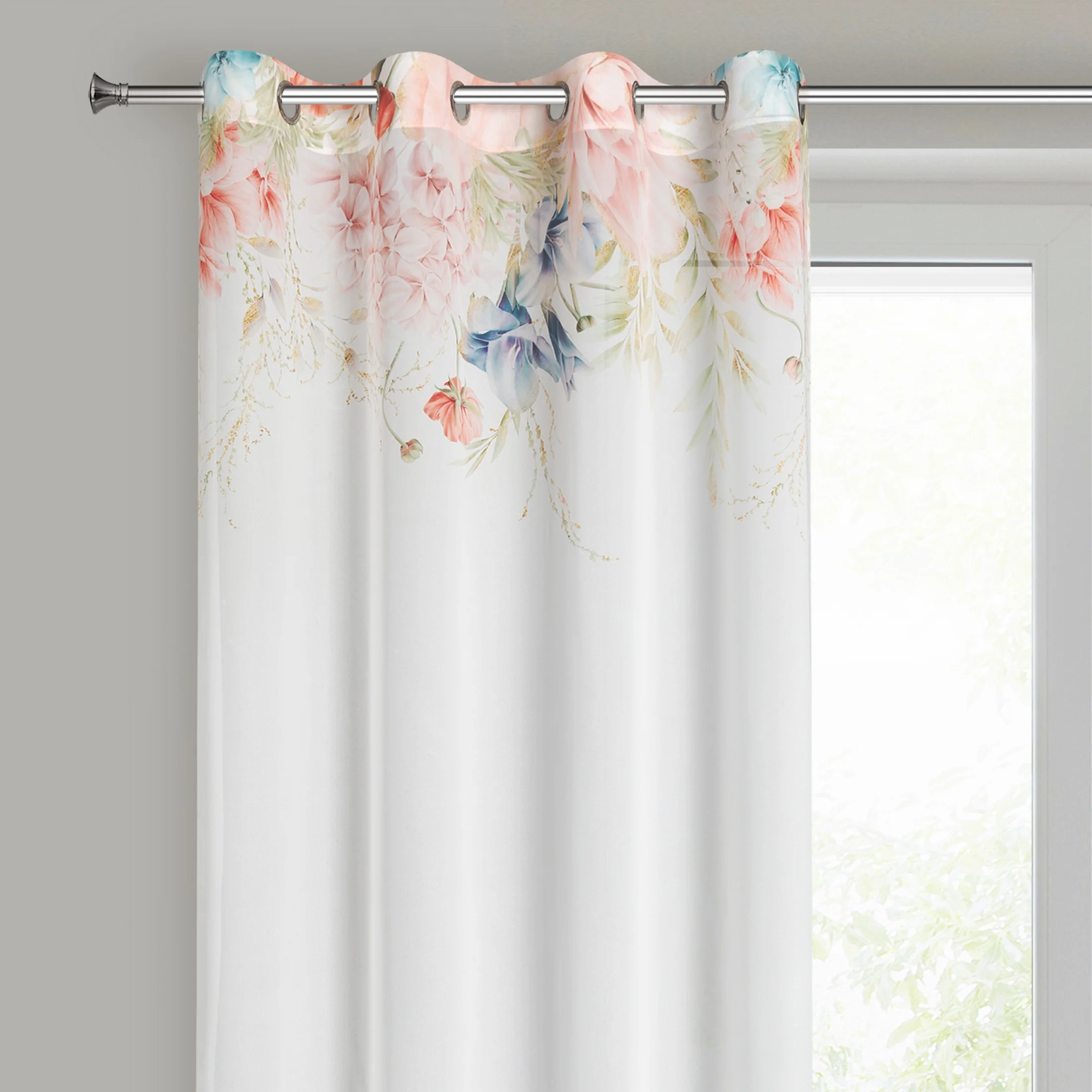 Zasłona biało, różowa zdobiona wzorem botanicznym z etaminy 135x250 przelotka - ARLENA | eurofirany
