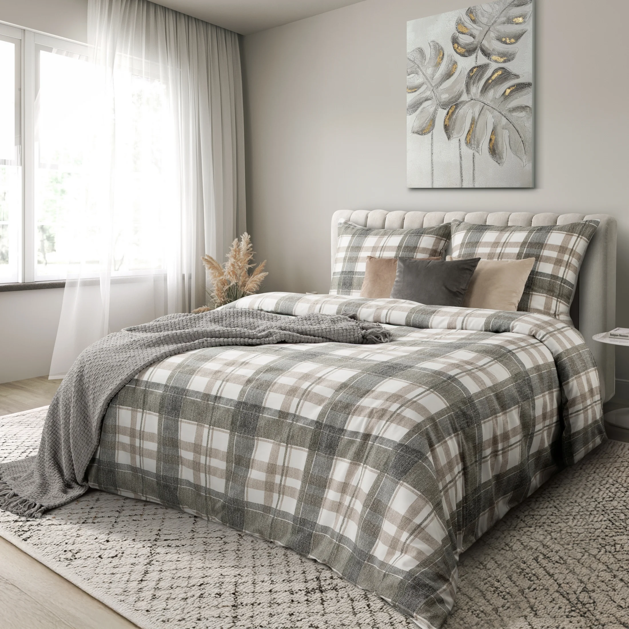 Pościel 140x200 cm bawełniana kolor biały, szary z wzorem klasycznej kraty SPRING 58 | eurofirany