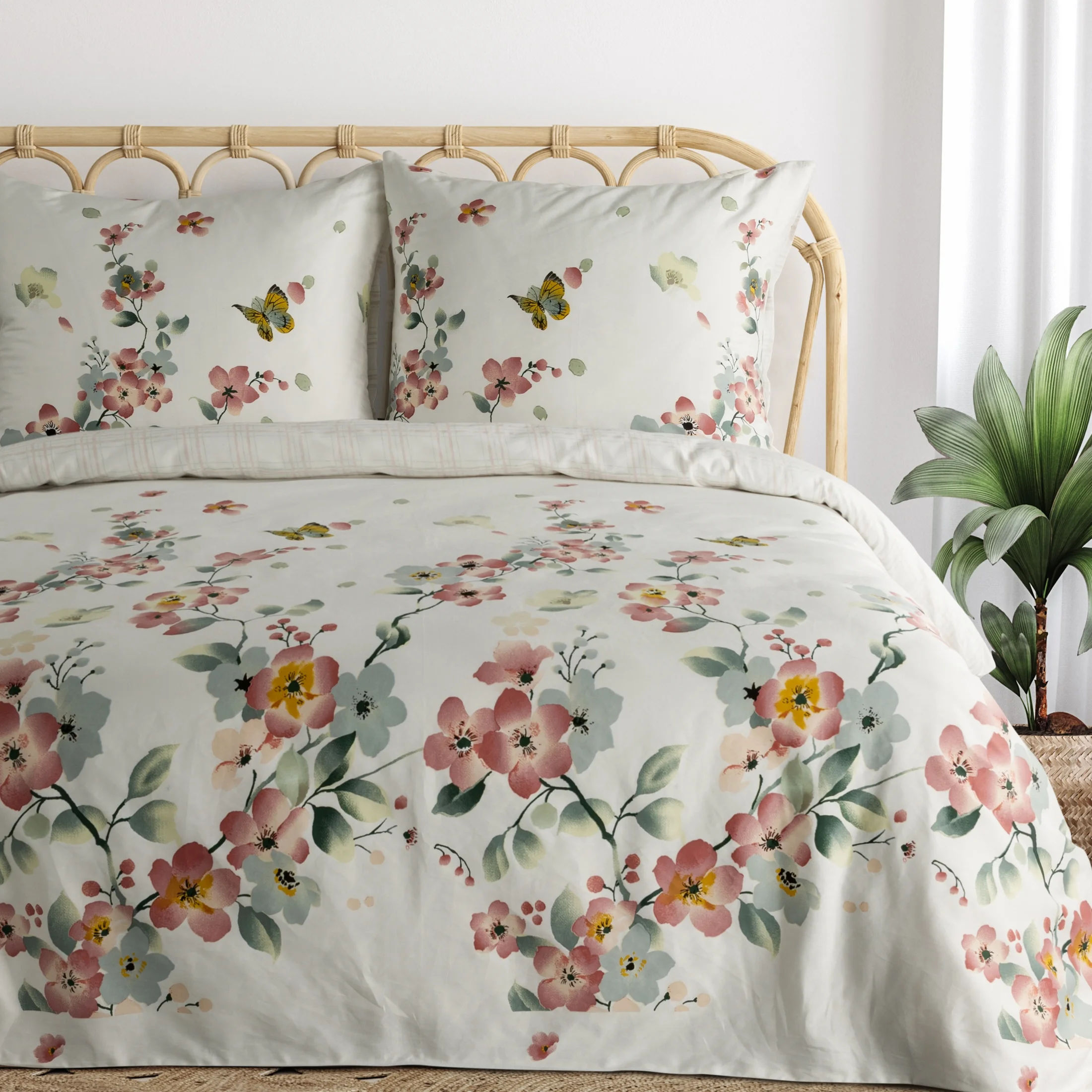 Pościel 220x200 cm z satyny bawełnianej kolor biały, różowy z wzorem kwiatowym ELLA 17 w kwiaty | eurofirany