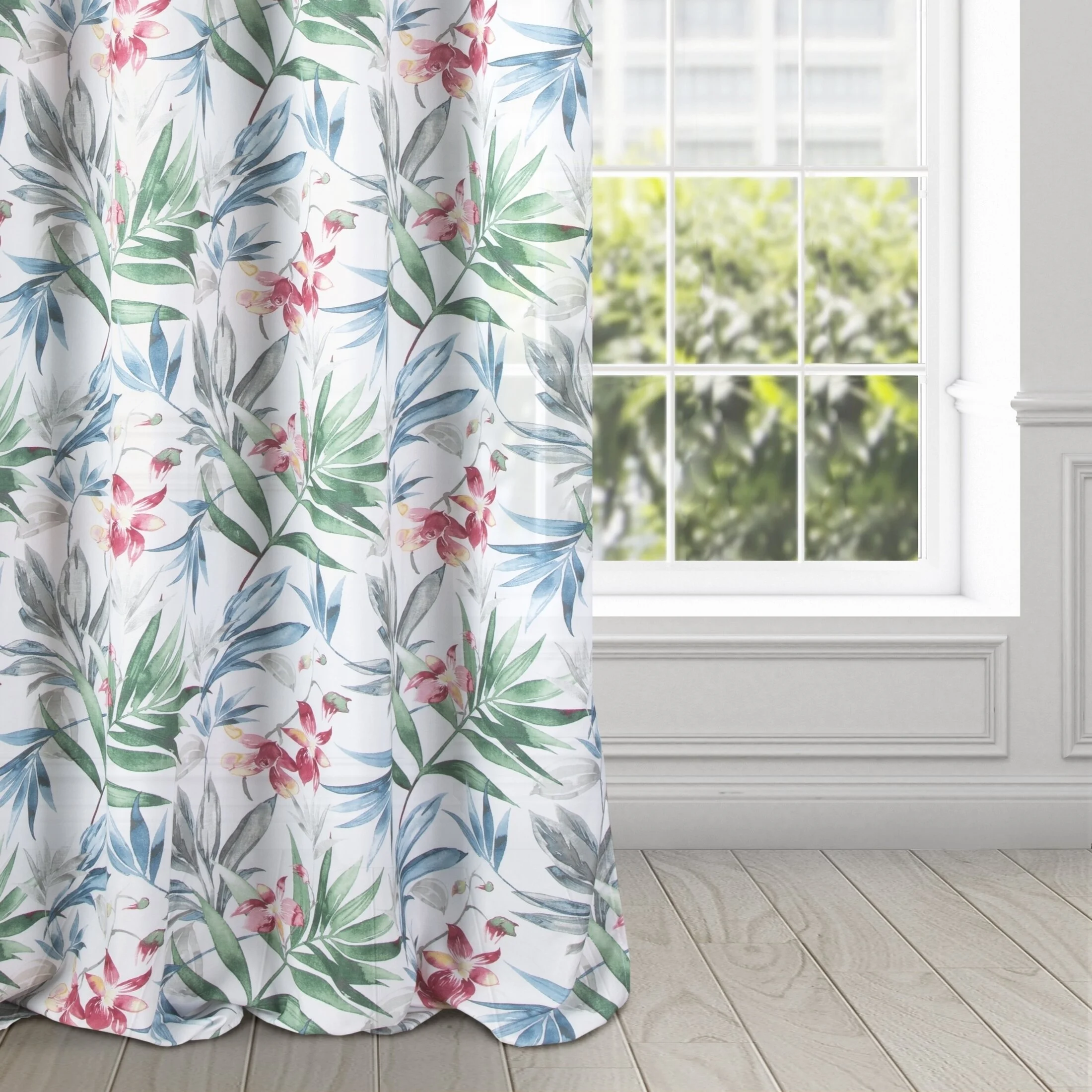 Zasłona biało, zielona w kwiaty 140x250 cm przelotka JANETE | eurofirany