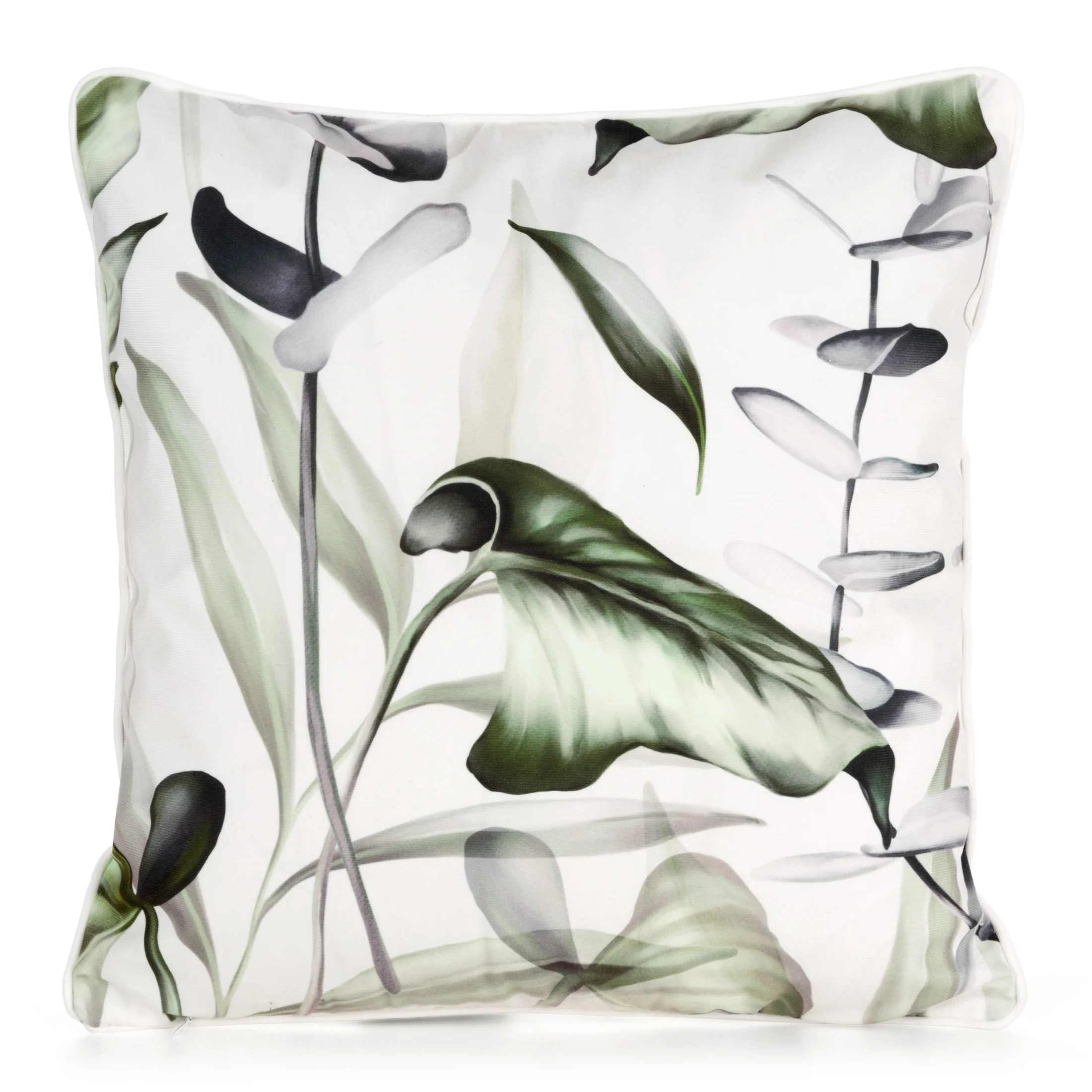 Poszewka na poduszkę 45x45 cm welwetowa, biało oliwkowa zdobiona nadrukiem liści monstery ELLEN DESIGN 91 | eurofirany