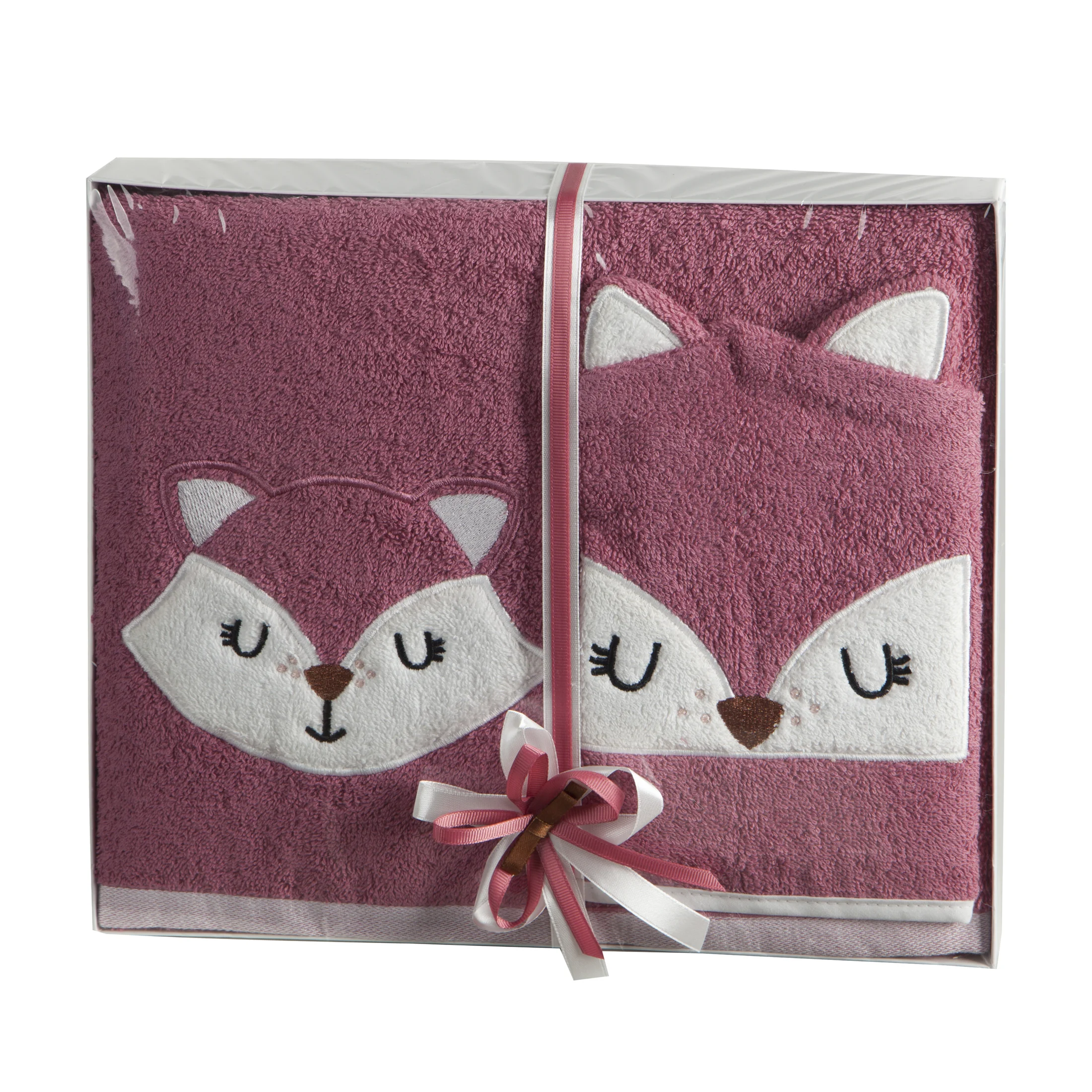 Zestaw upominkowy, ręcznik bawełniany 70x140 cm z myjką 15x21 cm kolor ciemnoróżowy zdobione motywem misia