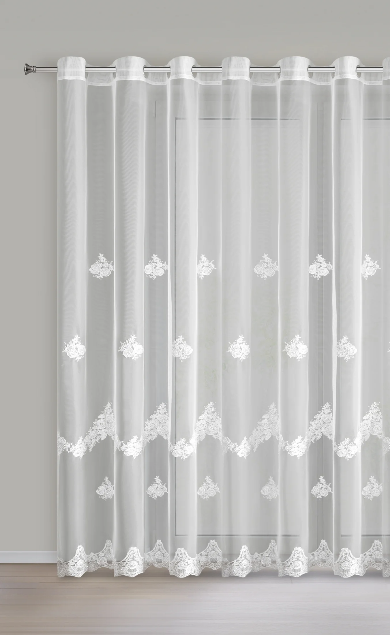 Firana biała zdobiona haftem 350x250 cm przelotki - ISARI