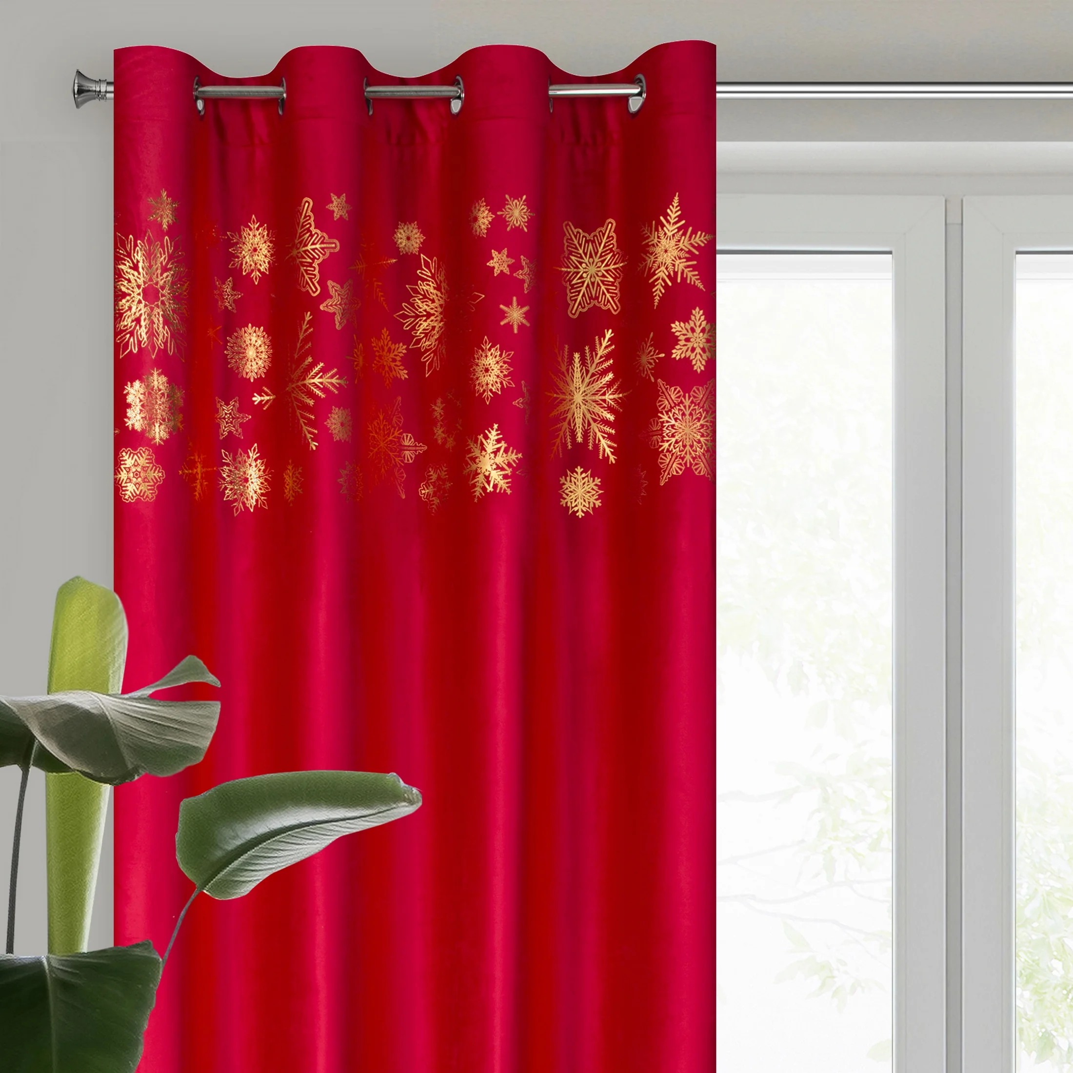 Zasłona czerwono, złota zdobiona świątecznymi śnieżynkami 140x250 przelotka ASTRA | 