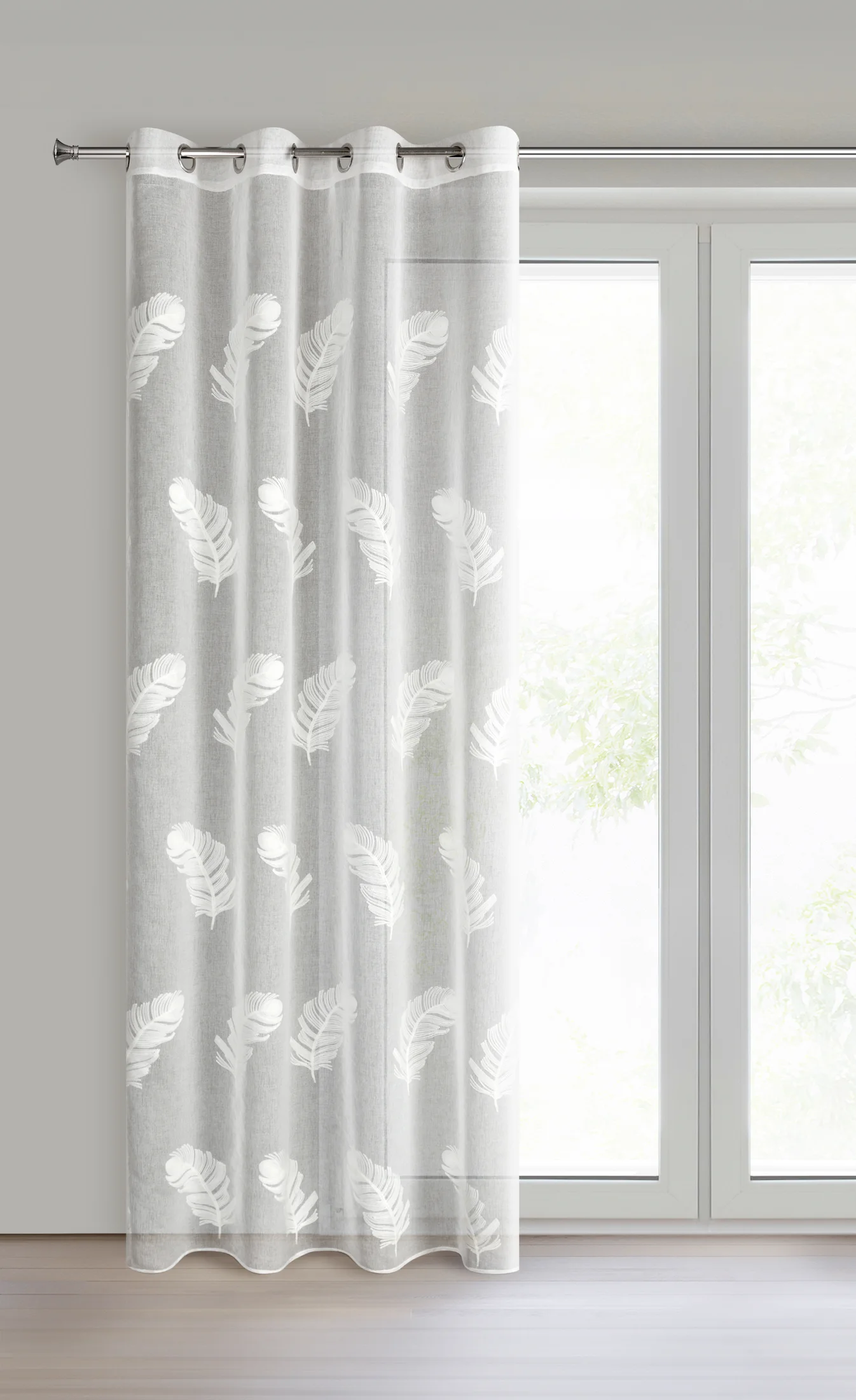 Firana biała z etaminy zdobiona haftem piór 140x250 cm przelotka - LIRENA
