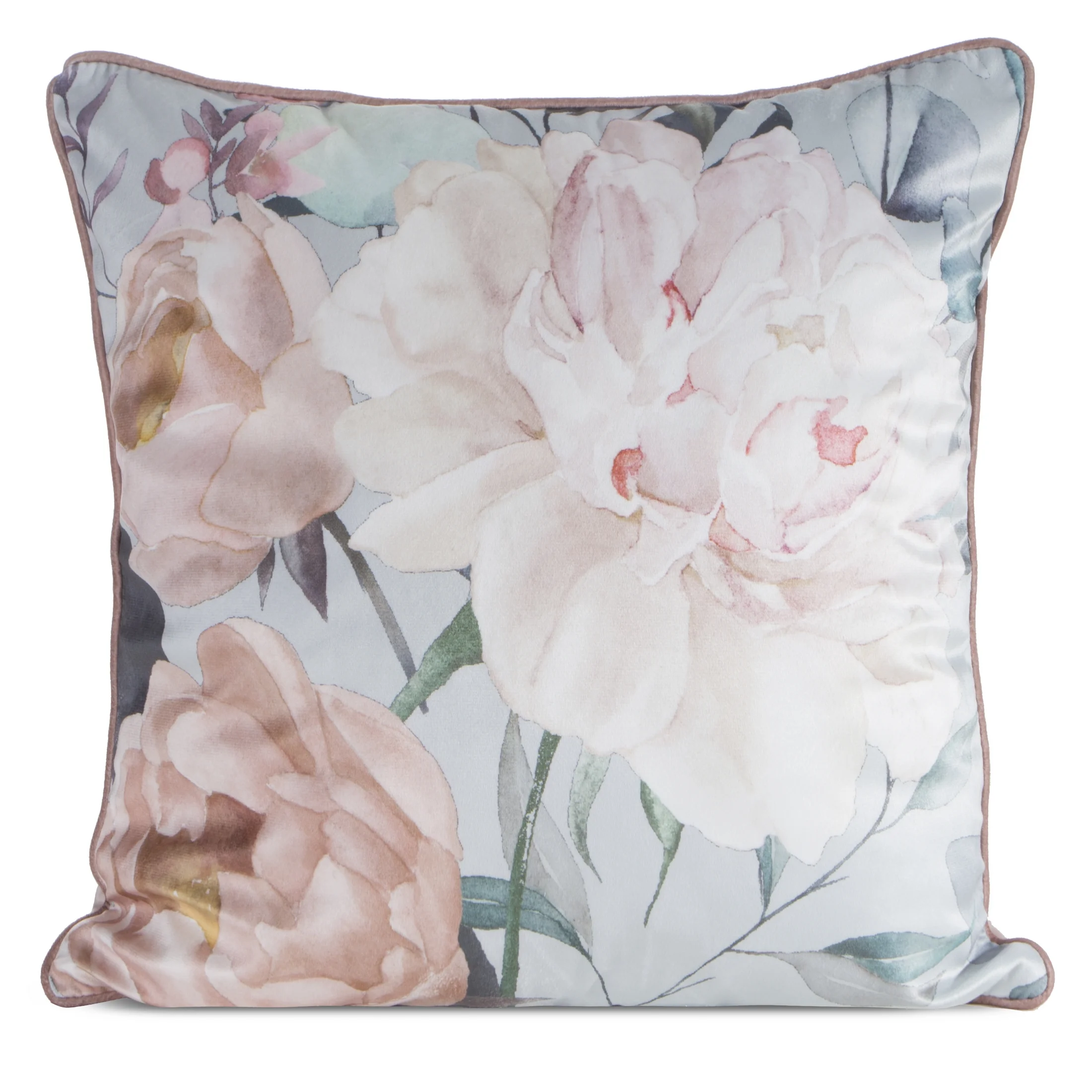 Poszewka na poduszkę 45x45 srebrna, różowa welwetowa z subtelnym motywem kwiatów ROSITA 2 | eurofirany