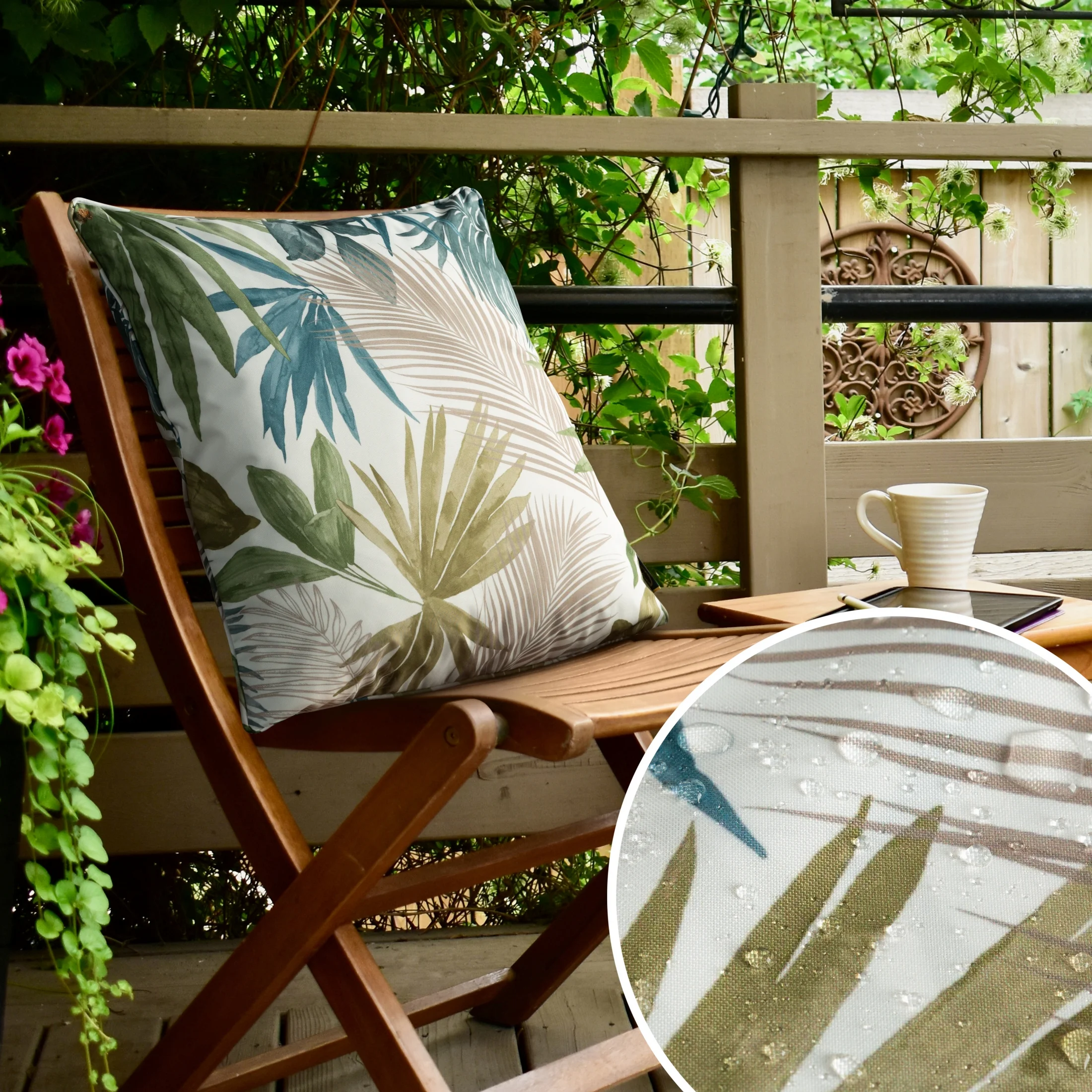 Poszewka na poduszkę 45x45 cm z tkaniny wodoodpornej beżowo, turkusowa idealna na taras oraz balkon z nadrukiem egzotycznych liści GARDEN 6 | 