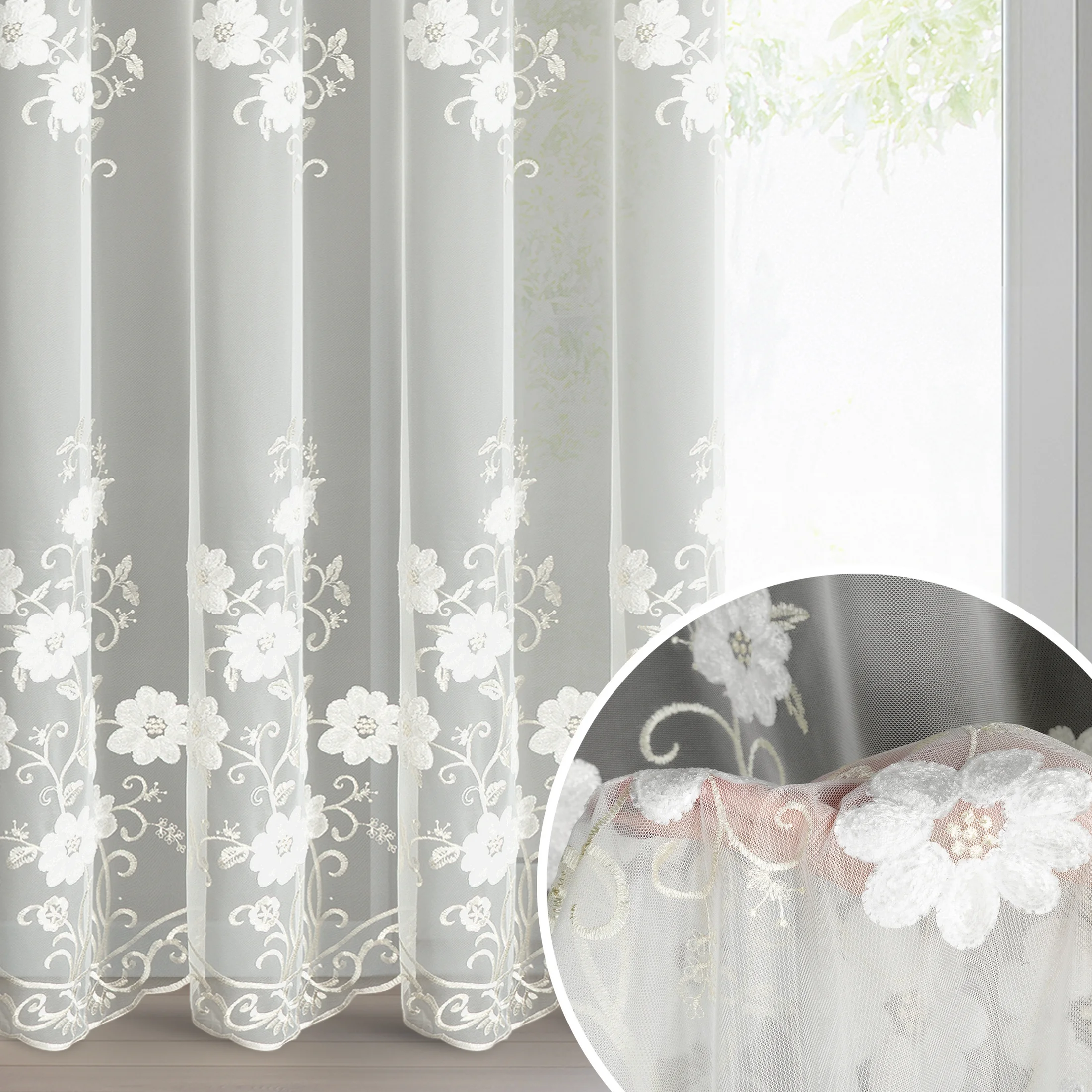 Firana kremowa z siateczki zdobiona subtelnym haftem 140x250 cm przelotka - SALI | eurofirany