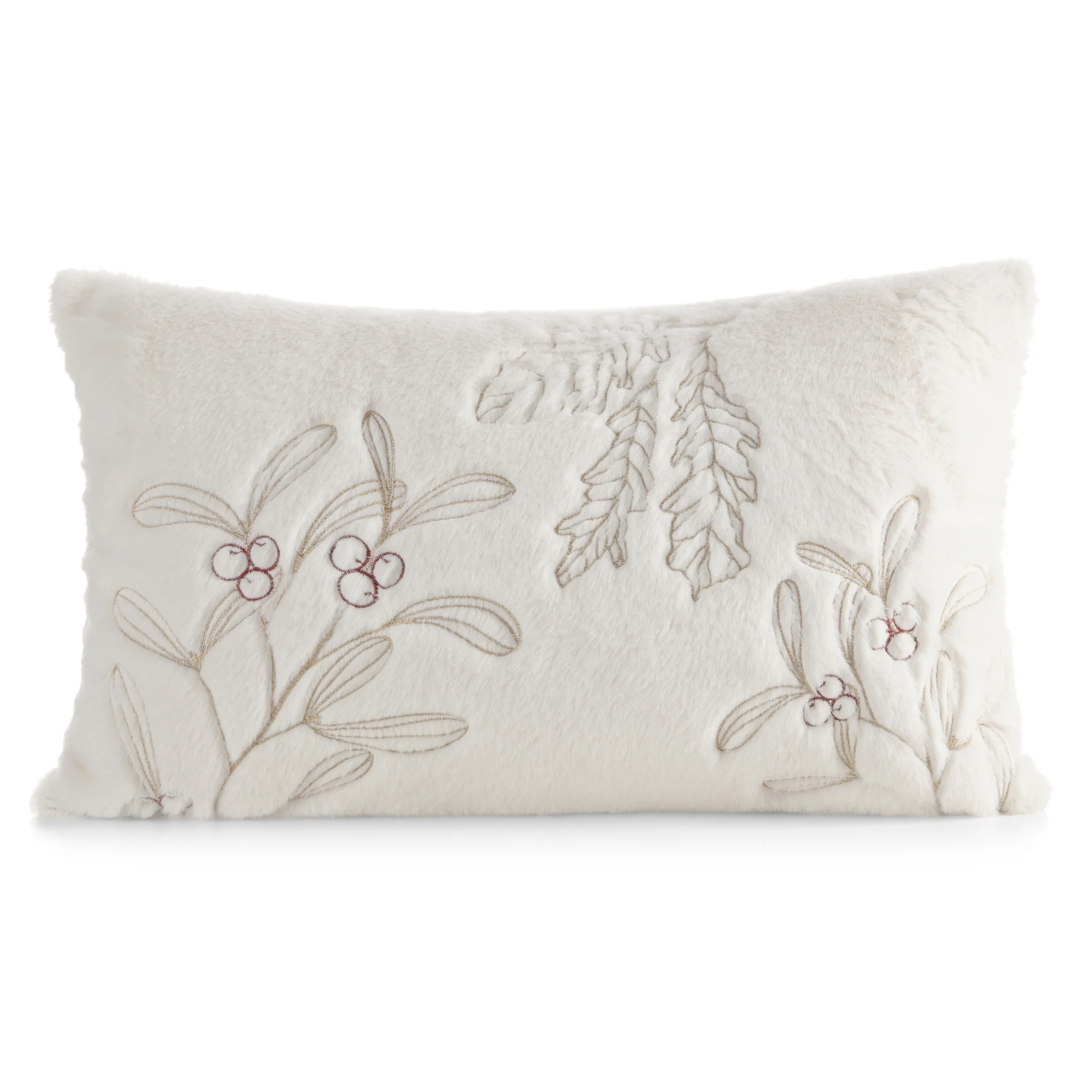 Poszewka na poduszkę 30x50 cm kremowo, złota z przyjemnego futerka zdobiona świątecznym haftem gałązek | eurofirany