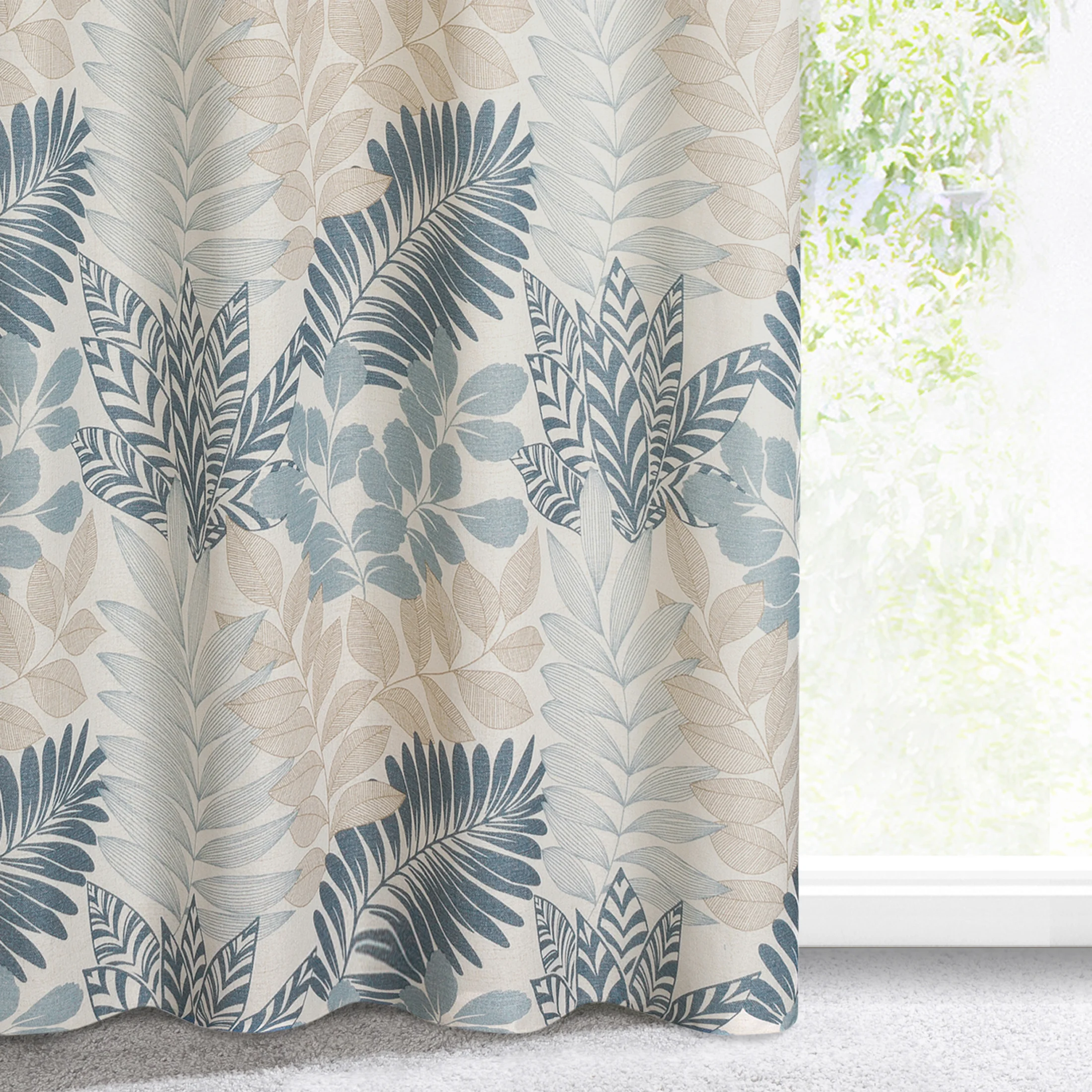 Zasłona naturalno, niebieska ze wzorem liści, w stylu eko 140x270 cm taśma - LENNY | eurofirany