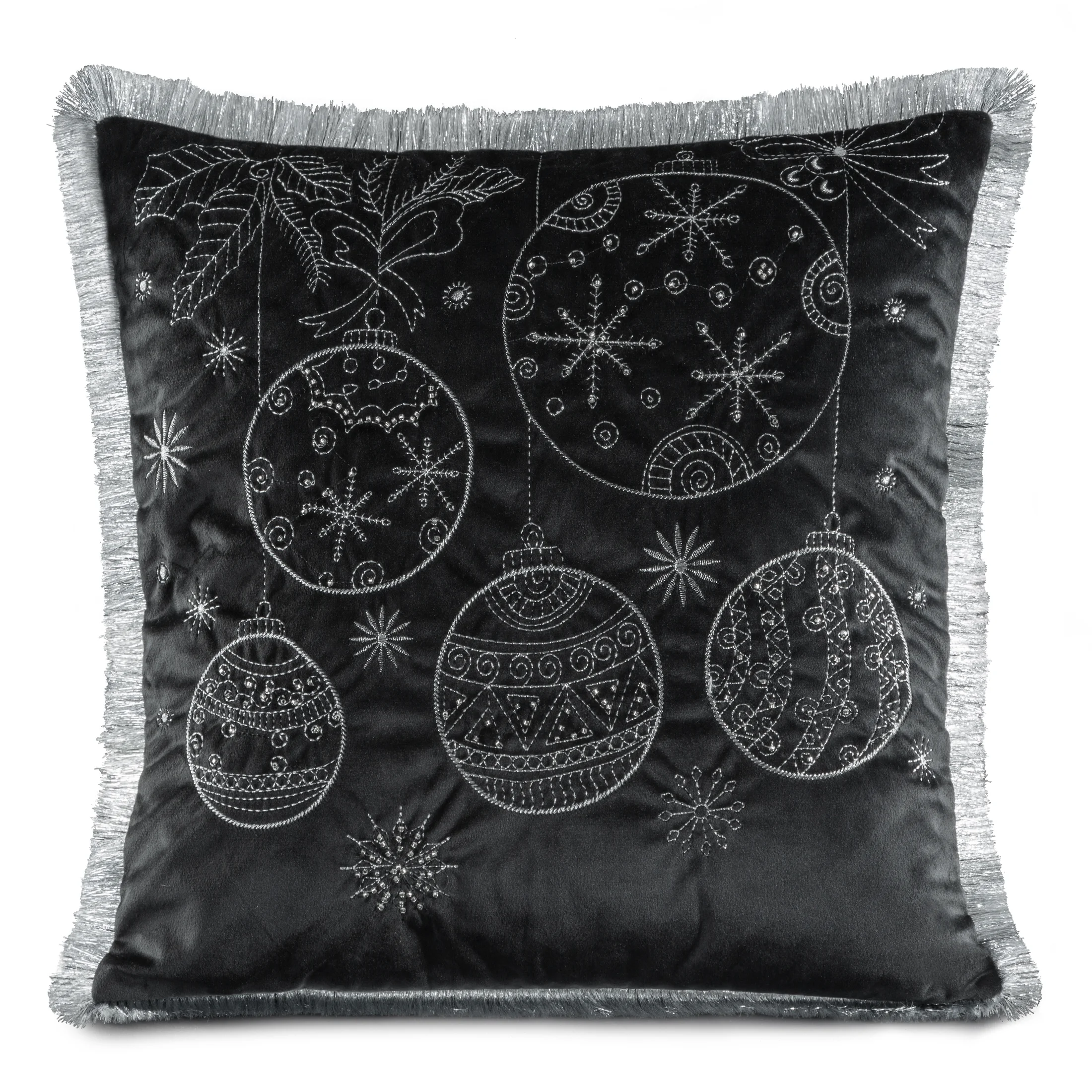 Poszewka na poduszkę 45x45 cm czarno, srebrna z haftowanym świątecznym motywem i ozdobnymi frędzlami | 