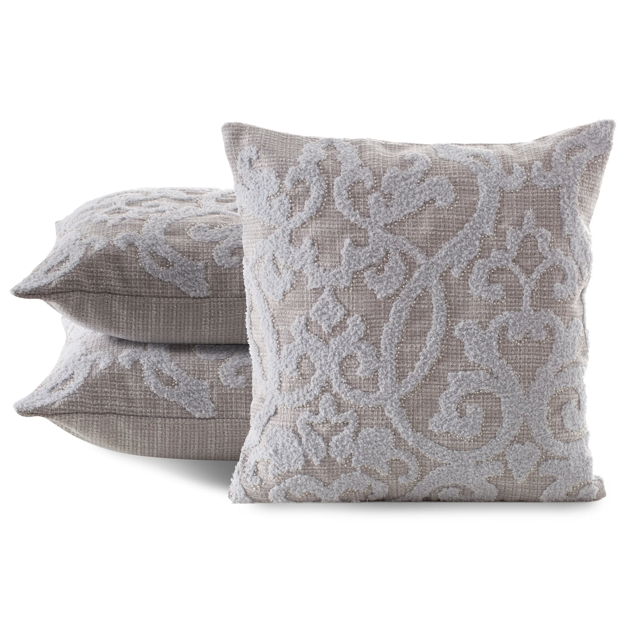 Poszewka na poduszkę 45x45 cm srebrna z dodatkiem lnu zdobiona koralikami ELDA